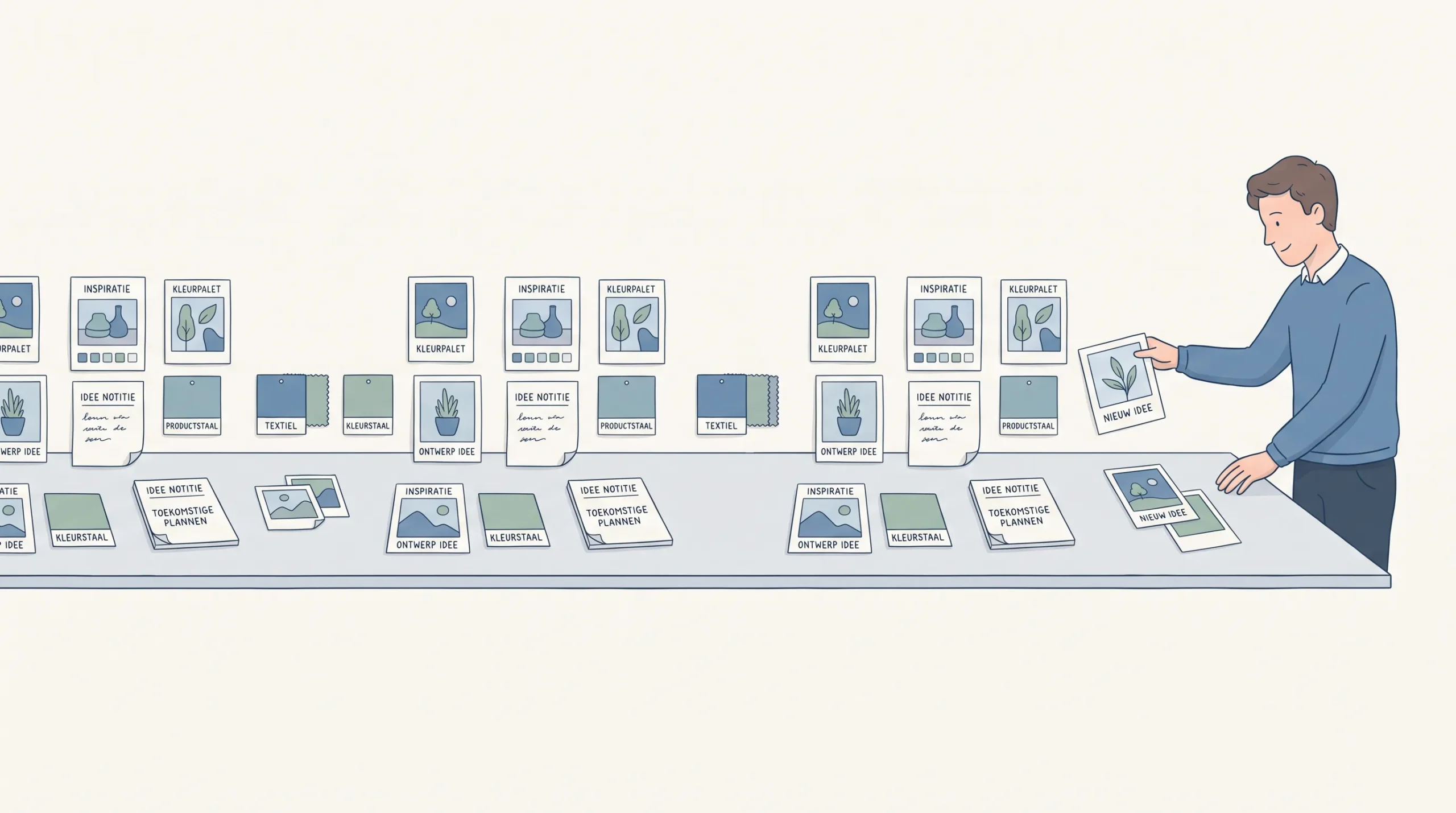 A man arranges repeating inspiration cards across a table, suggesting visual discovery on Pinterest.