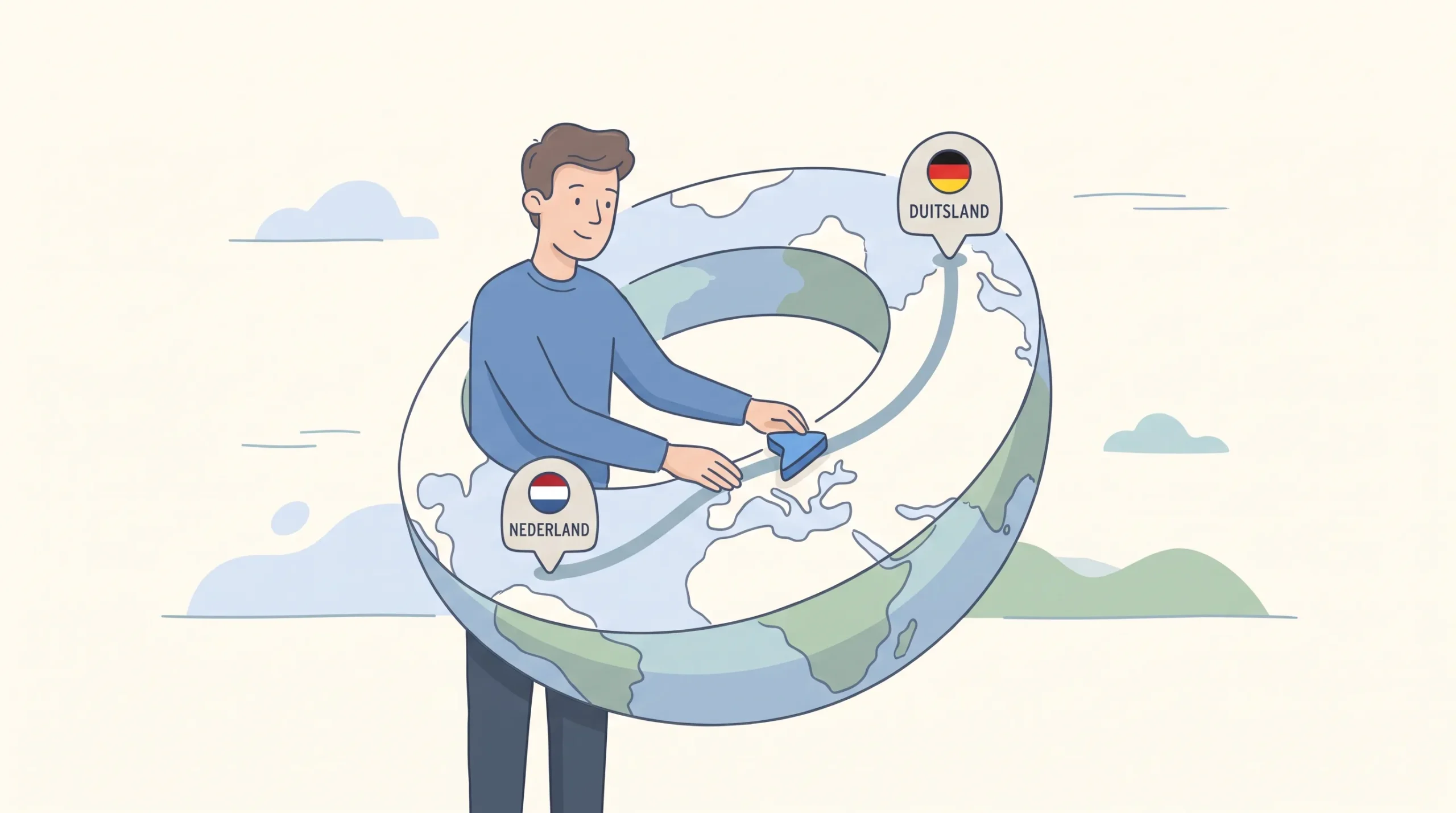 A man in a blue sweater guides a token between two sides of a globe, showing international search engine optimalisatie.
