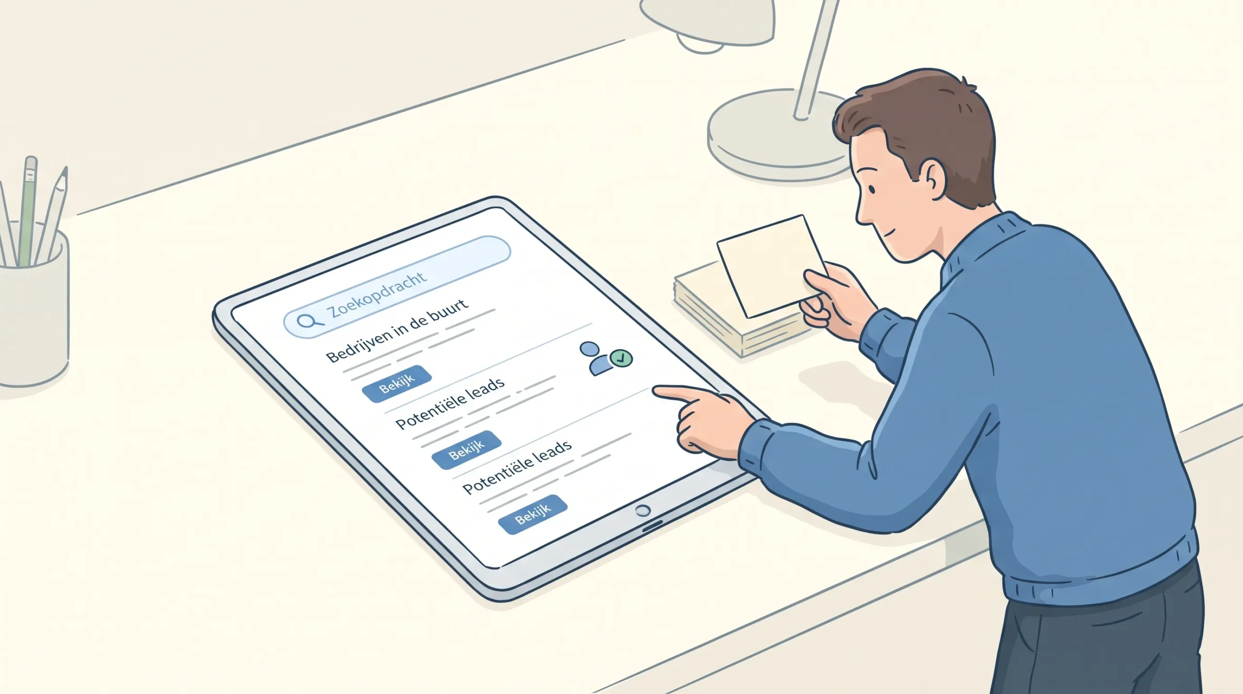 A man studies a search results page beside a lead card, showing how SEO can affect lead quality.