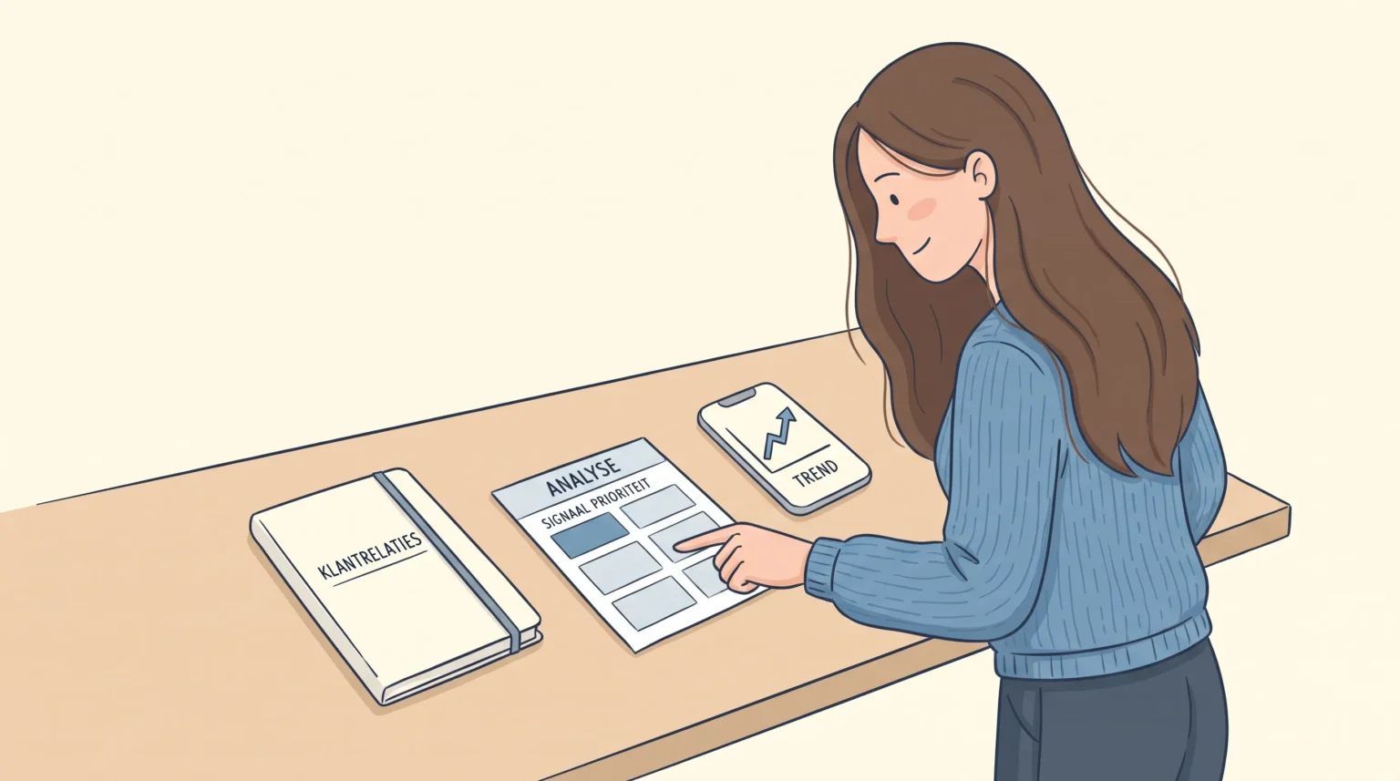A woman in a blue sweater checks a desk setup with CRM notes and a rising line for B2B marketing data.