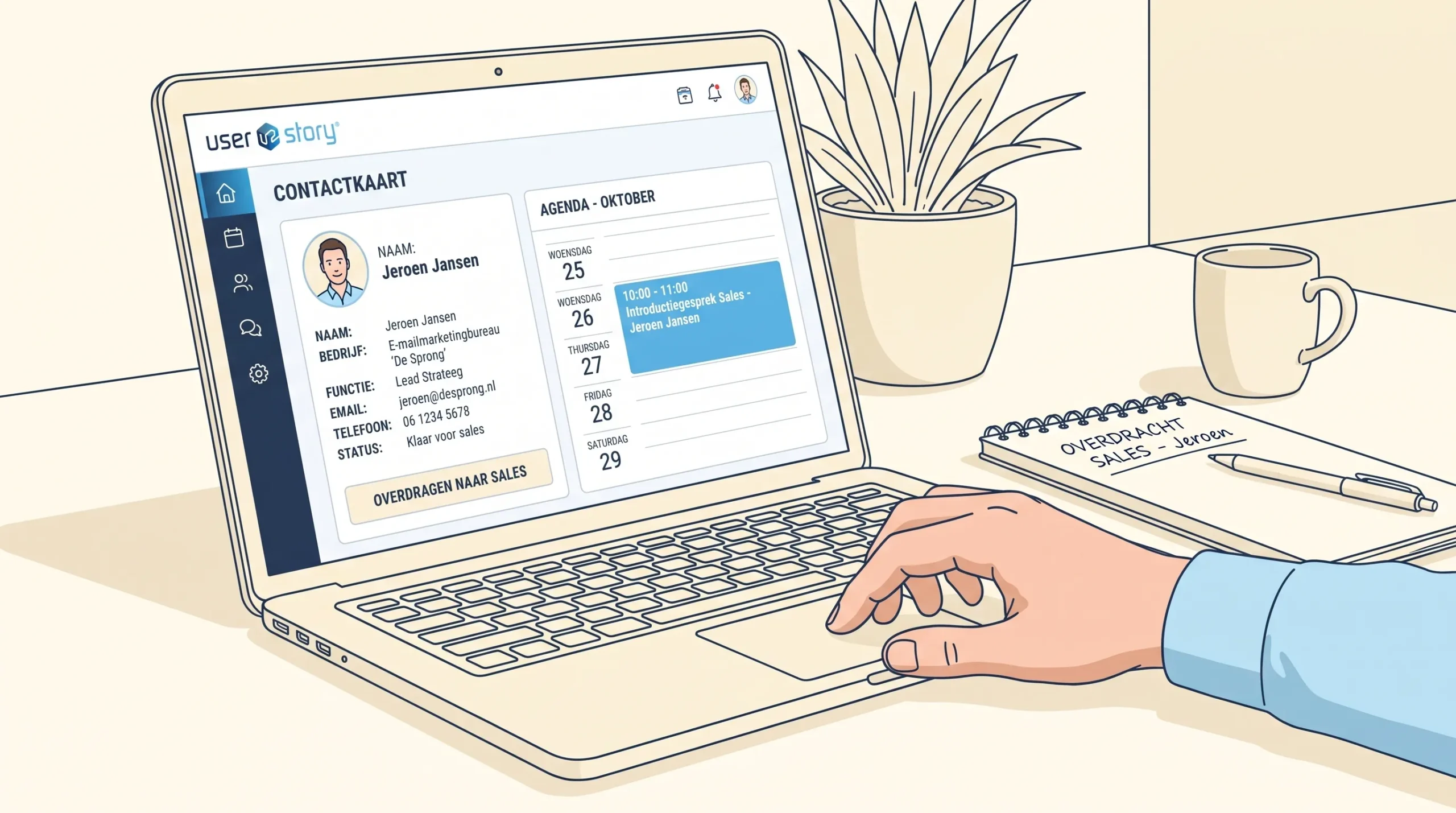 De overdracht van een e-mailmarketingbureau naar sales, met een contactkaart naast een agenda met één ingeplande afspraak.