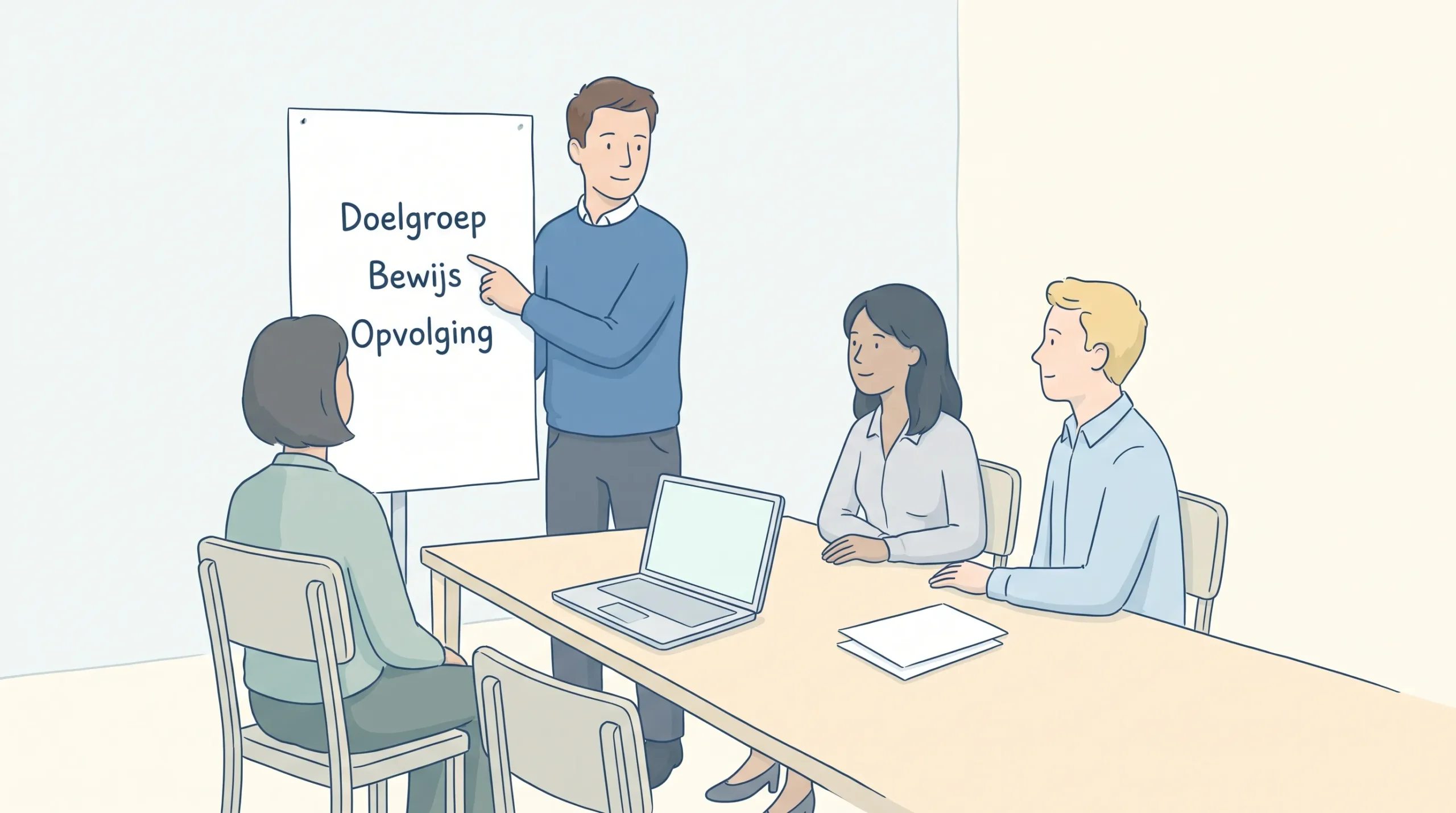 Drie collega’s bespreken een LinkedIn-campagne met een sheet over doelgroep, bewijs en opvolging.