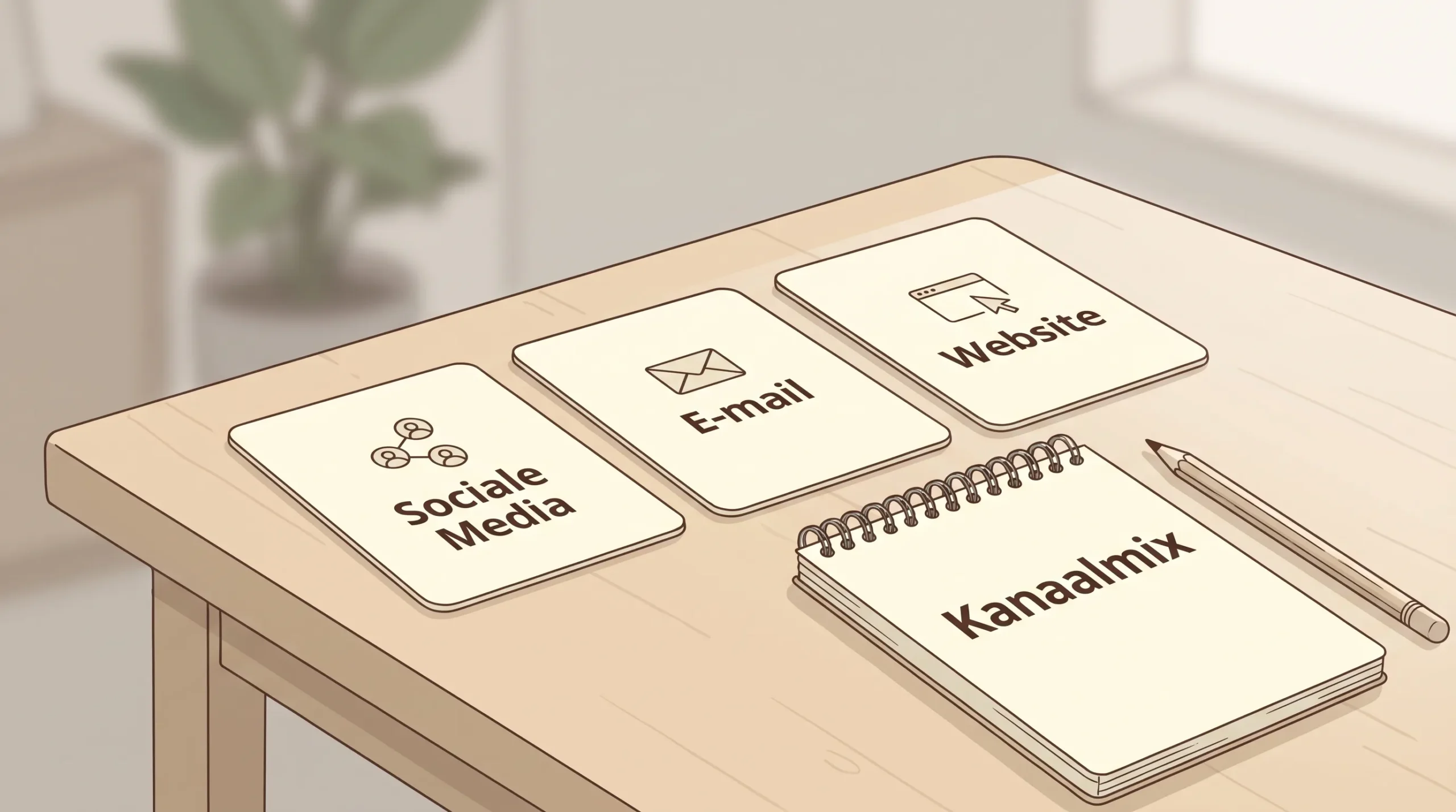 Drie eenvoudige kanaalkaarten staan op een rustige tafel naast een klein notitieblok met het label Kanaalmix.