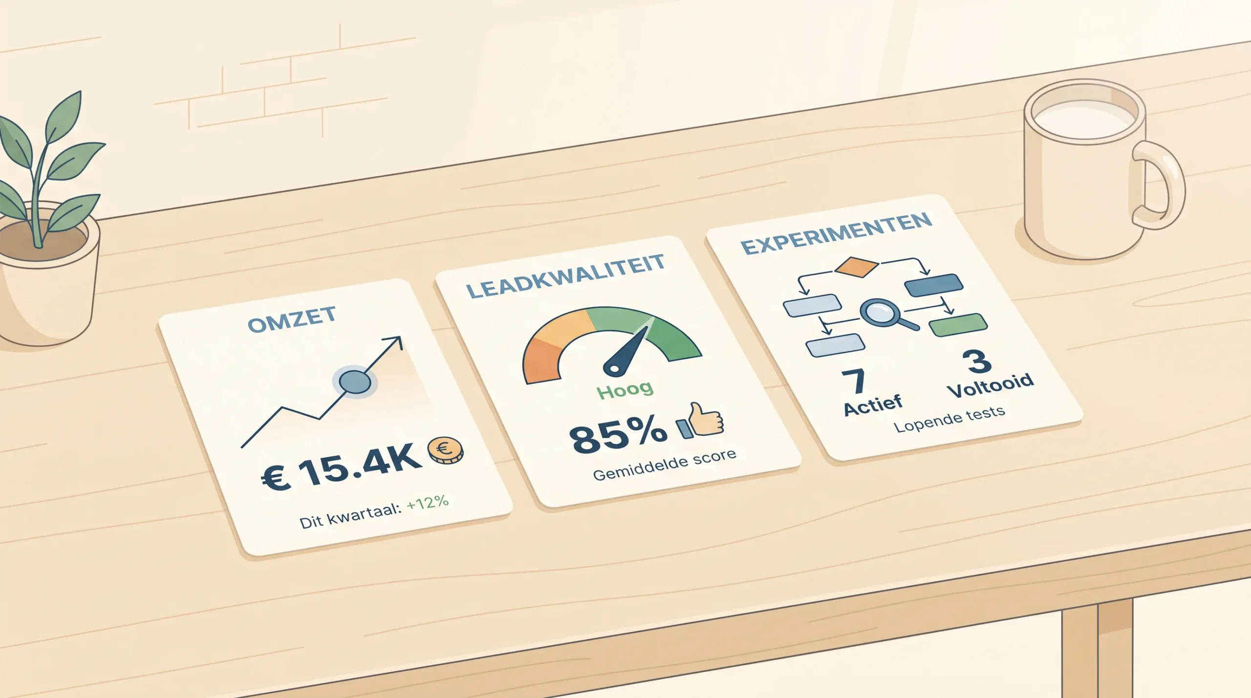 Drie eenvoudige rapportagekaarten tonen omzet, leadkwaliteit en experimenten naast elkaar op een rustige tafel.