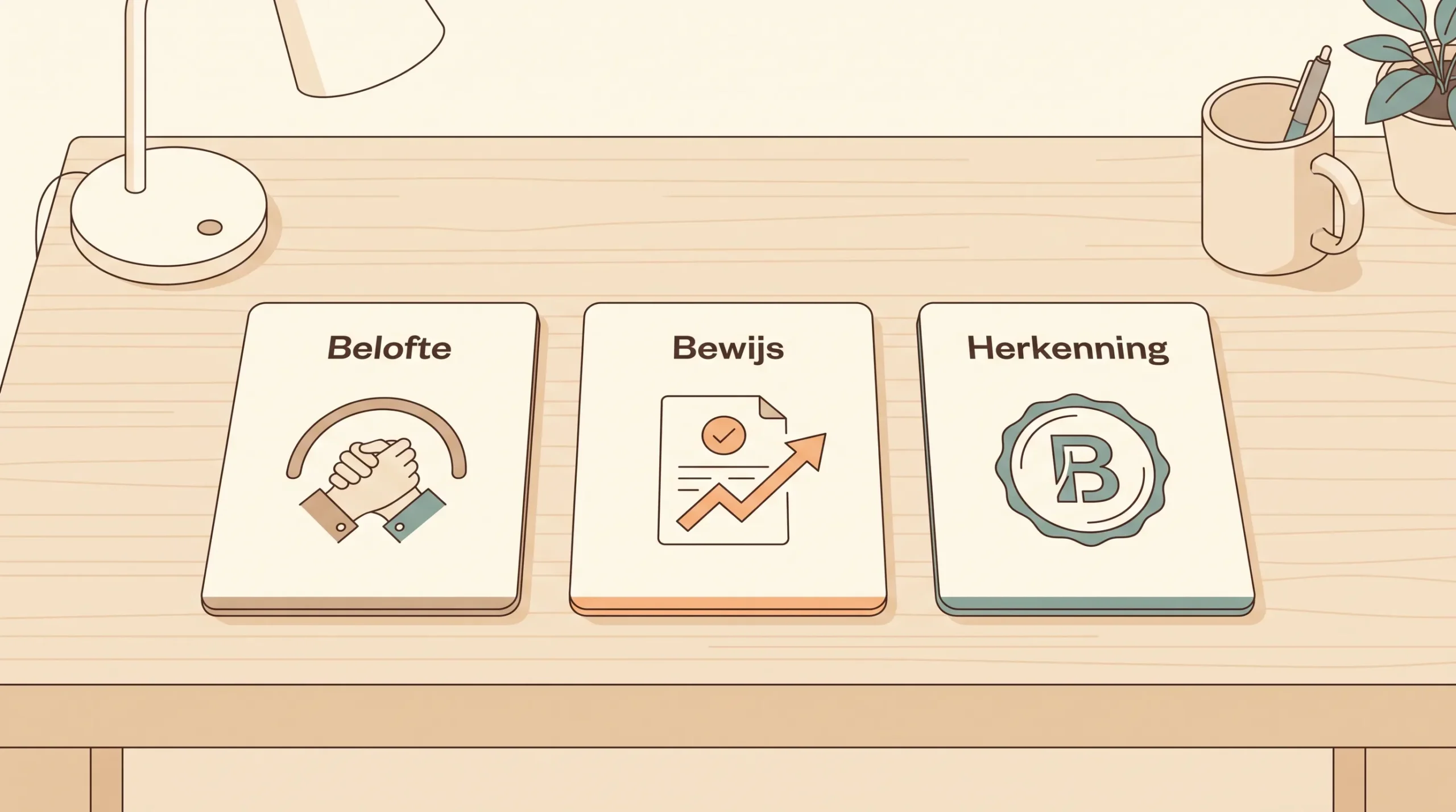 Drie kaartjes op een bureau met de labels Belofte, Bewijs en Herkenning vormen een simpele uitleg van B2B branding.