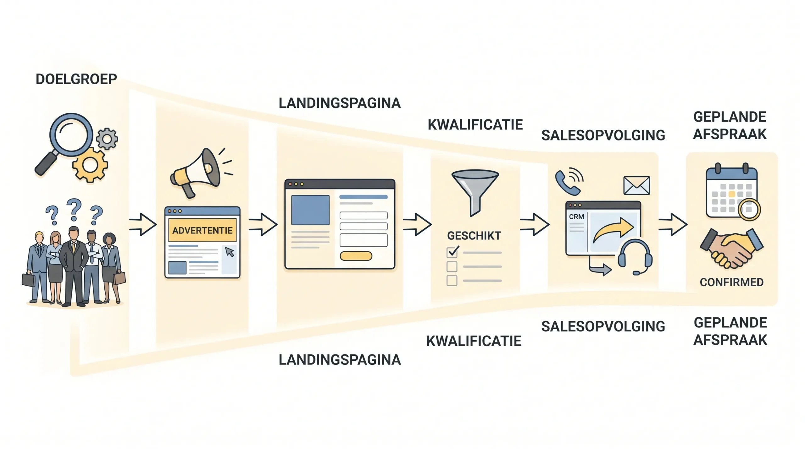 Een B2B advertentiefunnel met stappen van doelgroep en advertentie naar landingspagina, kwalificatie, salesopvolging en geplande afspraak.