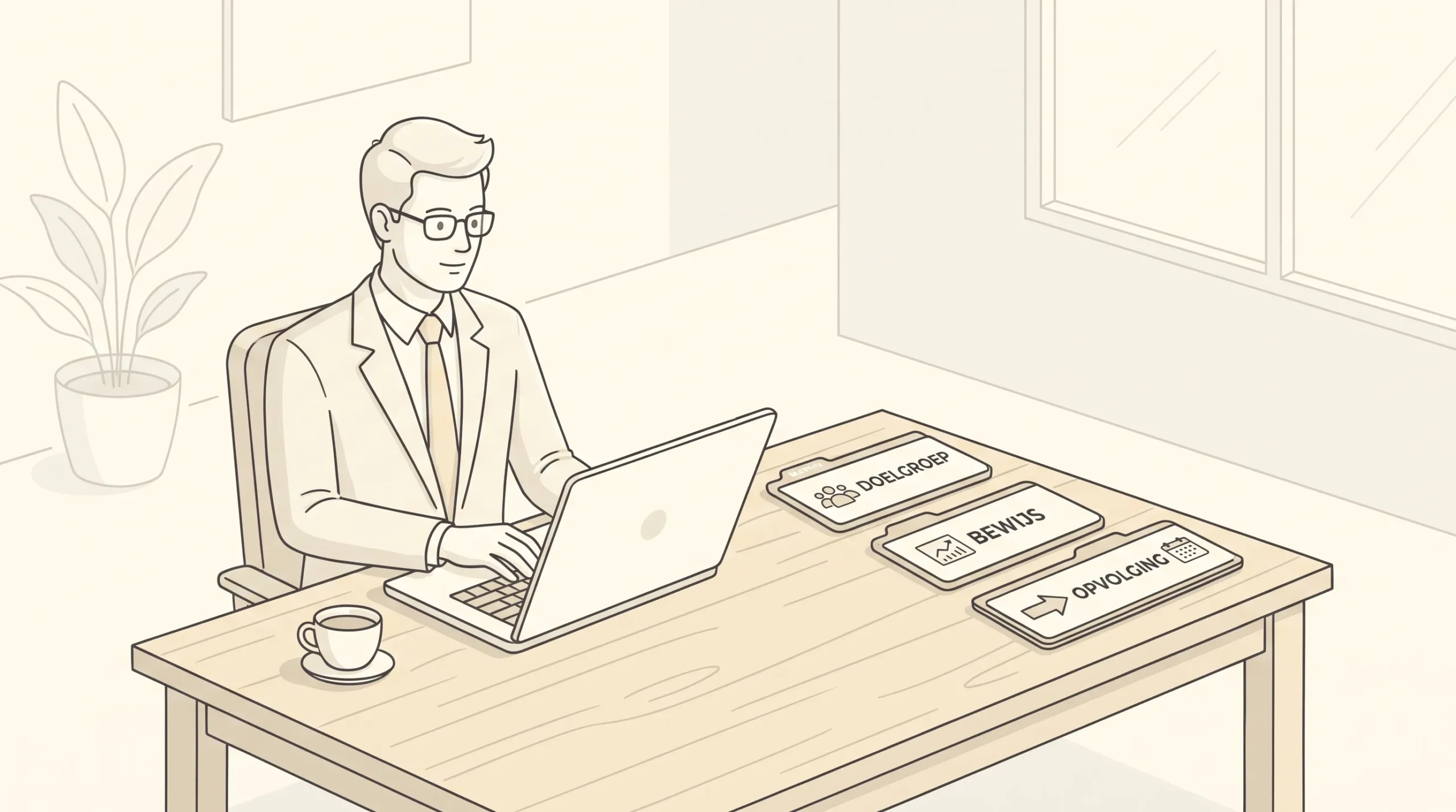Een B2B-beslisser aan een bureau met drie compacte elementen ernaast: doelgroep, bewijs en opvolging.