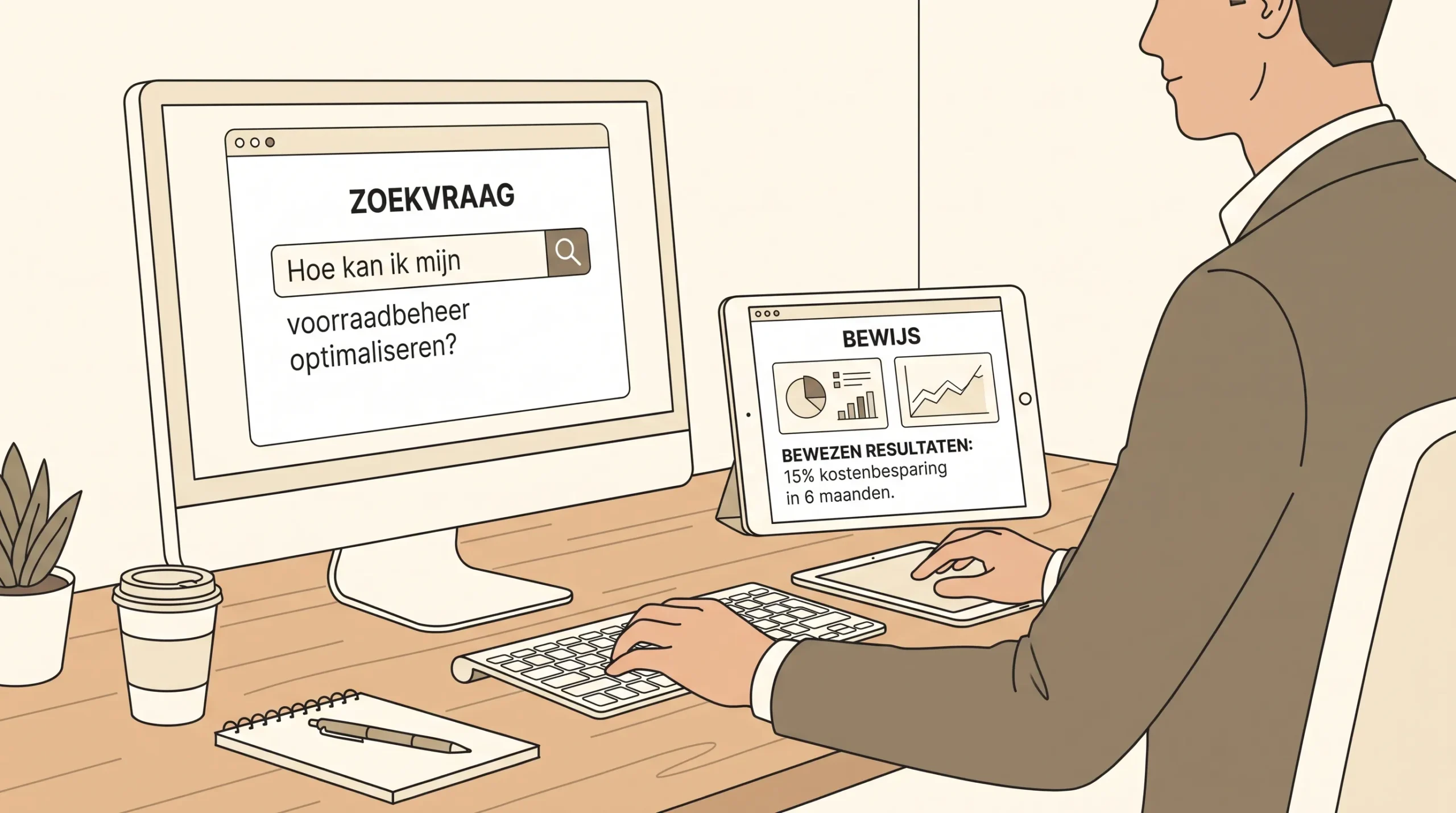 Een B2B-beslisser bekijkt zoekvraag en bewijs naast elkaar op zijn bureau.