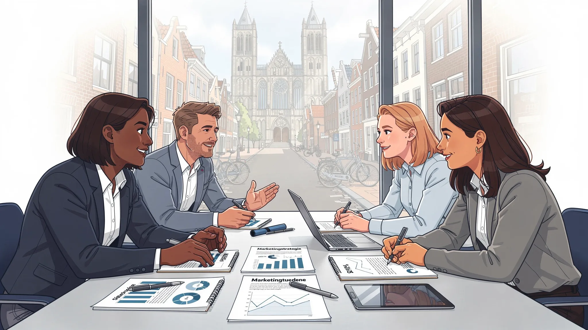 Een B2B marketing en sales overleg aan tafel met notities en KPI’s op papier, op de achtergrond een herkenbaar straatbeeld van Den Bosch met de Sint-Janskathedraal in de verte.