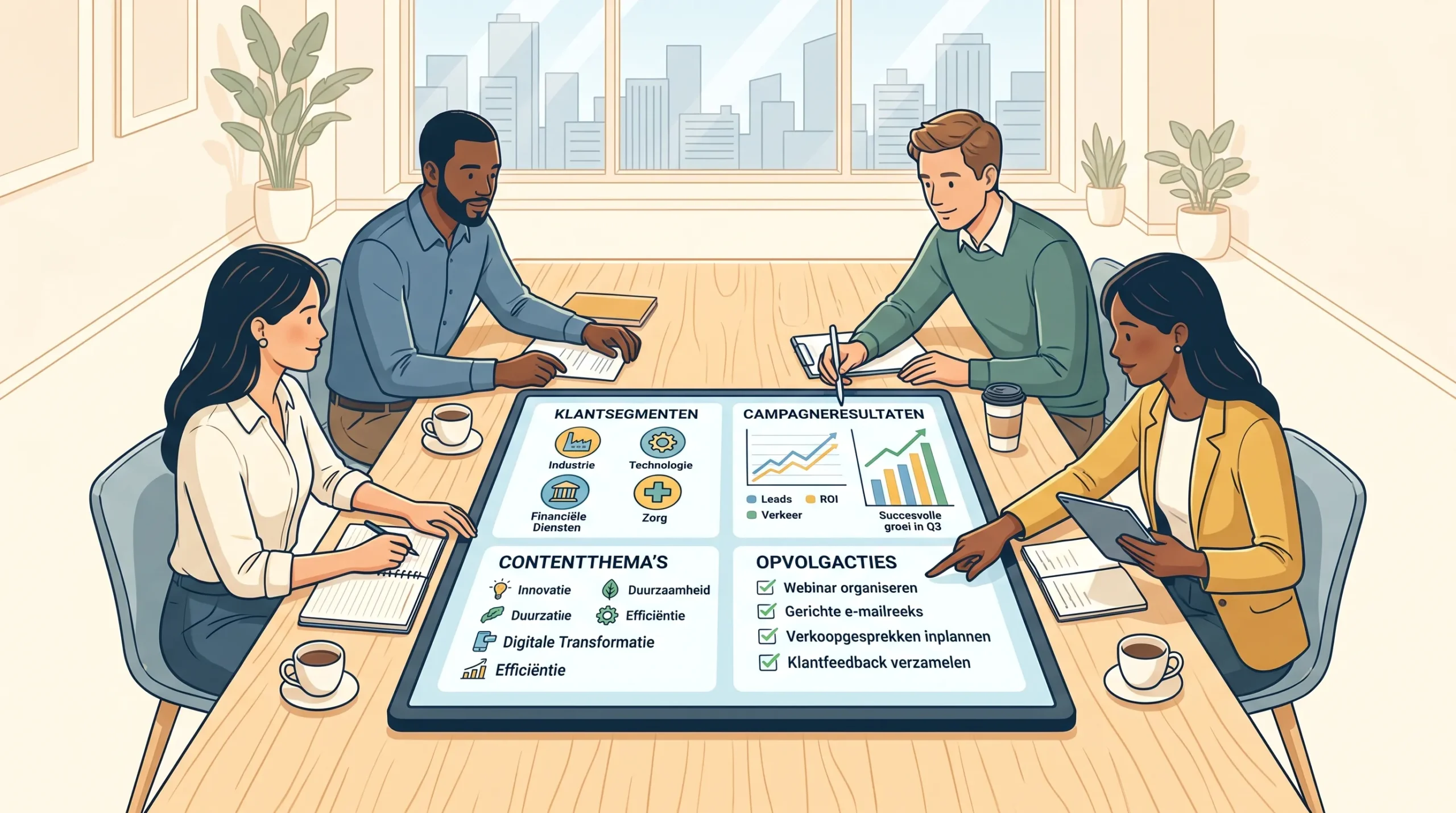 Een B2B marketing- en salesteam bespreekt samen een groeiplan aan een tafel met klantsegmenten, contentthema's, campagneresultaten en opvolgacties.