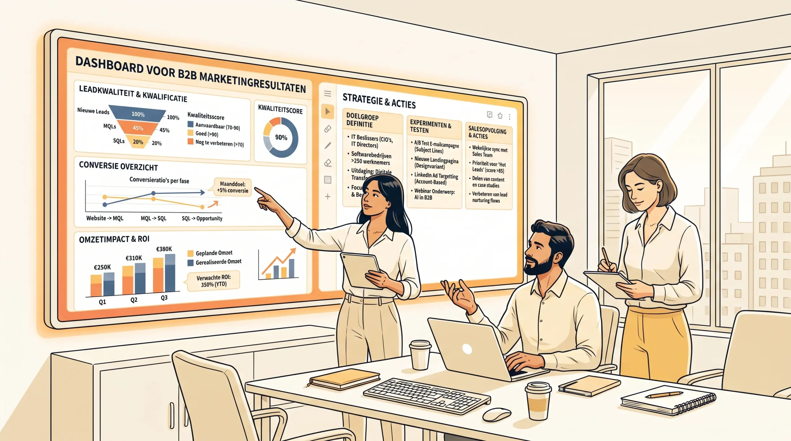 Een B2B-marketingteam bekijkt een dashboard met leadkwaliteit, conversie en omzetimpact naast notities over doelgroep, experimenten en salesopvolging.