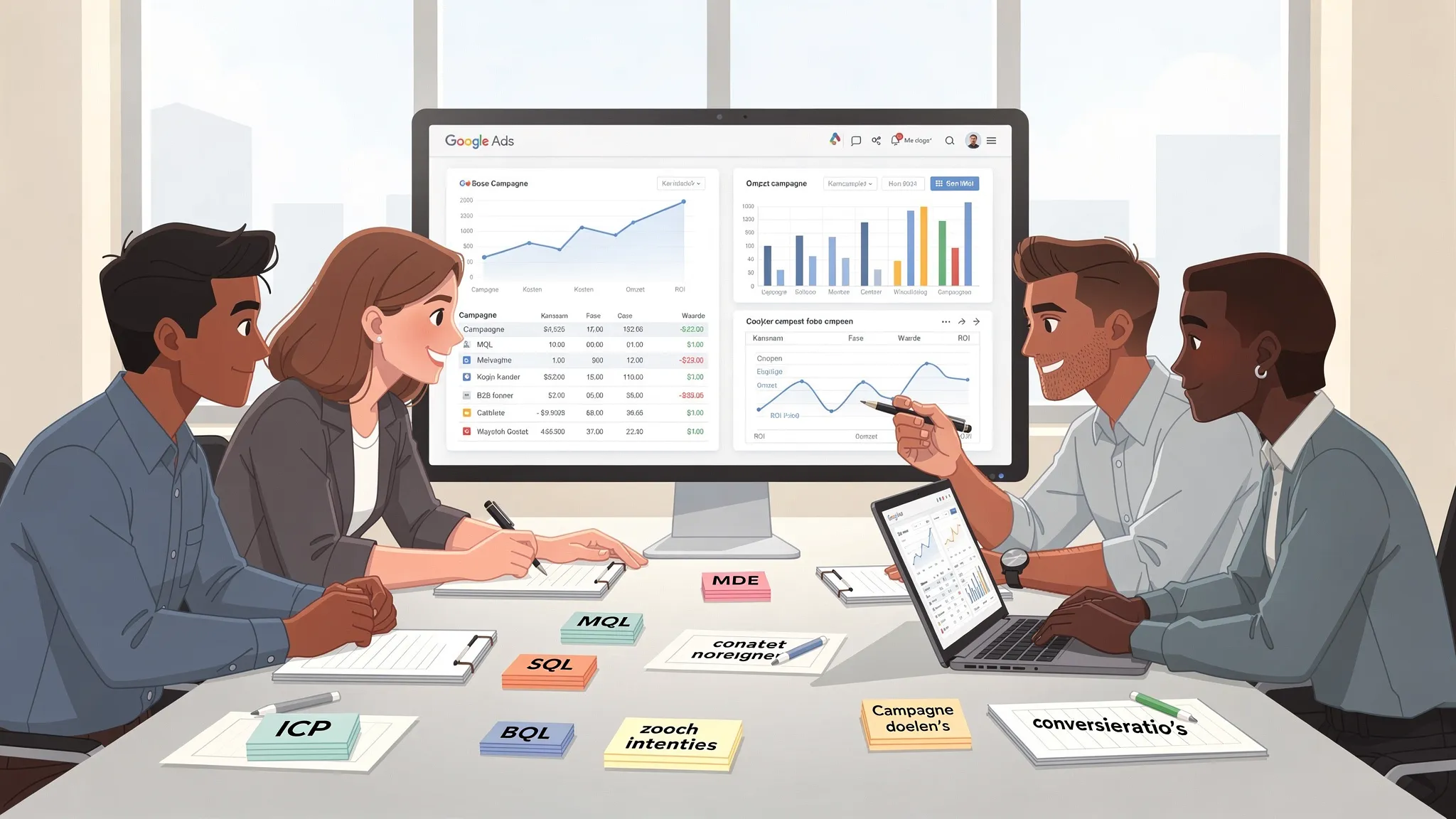 Een B2B-marketingteam bespreekt een ROI-dashboard met Google Ads data, CRM-kansen en omzet per campagne. Op de tafel liggen notities met ICP, zoekintenties en conversieratio’s.