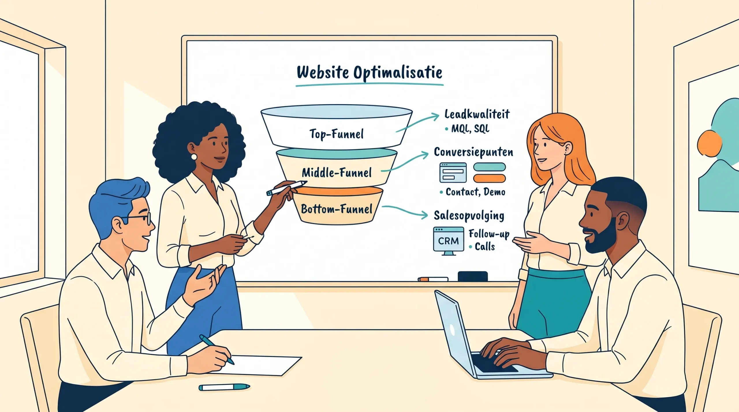 Een B2B marketingteam bespreekt website optimalisatie op een whiteboard met funnelstappen, leadkwaliteit, conversiepunten en salesopvolging.