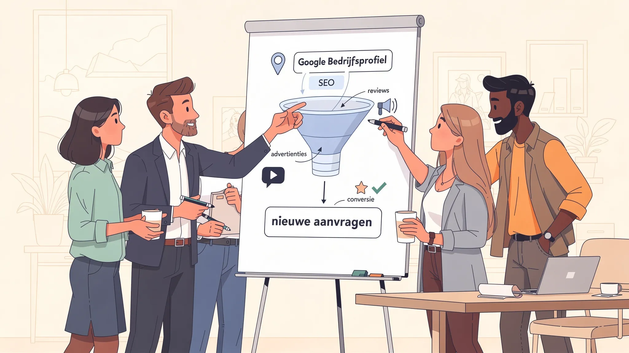 Een B2B-marketingteam werkt aan een whiteboard met de onderdelen Google Bedrijfsprofiel, SEO, advertenties, reviews en conversie die samen leiden naar nieuwe aanvragen.