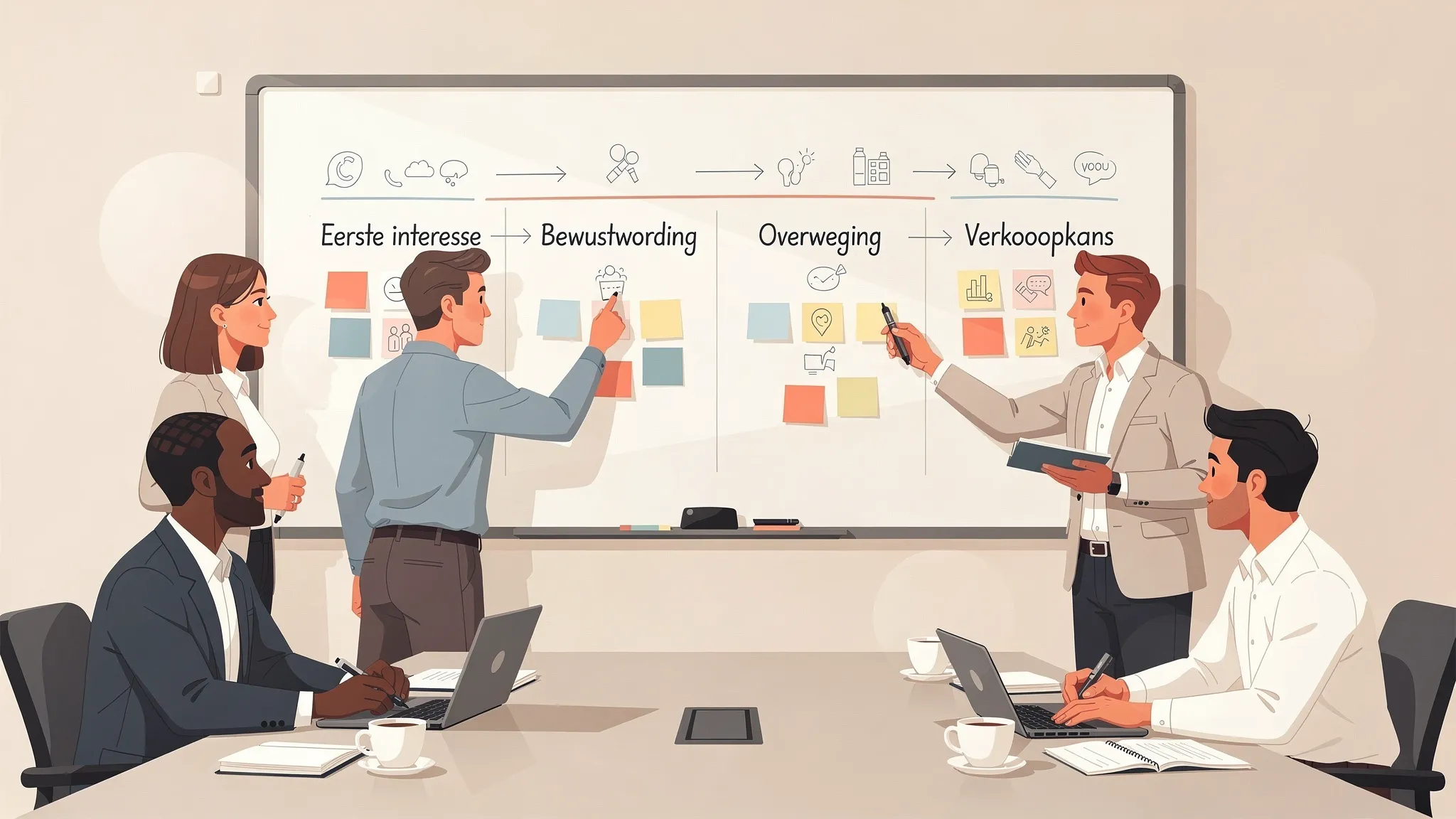 Een B2B sales- en marketingteam dat samen een klantreis op een whiteboard uitwerkt, met fases van eerste interesse tot verkoopkans en klantretentie.