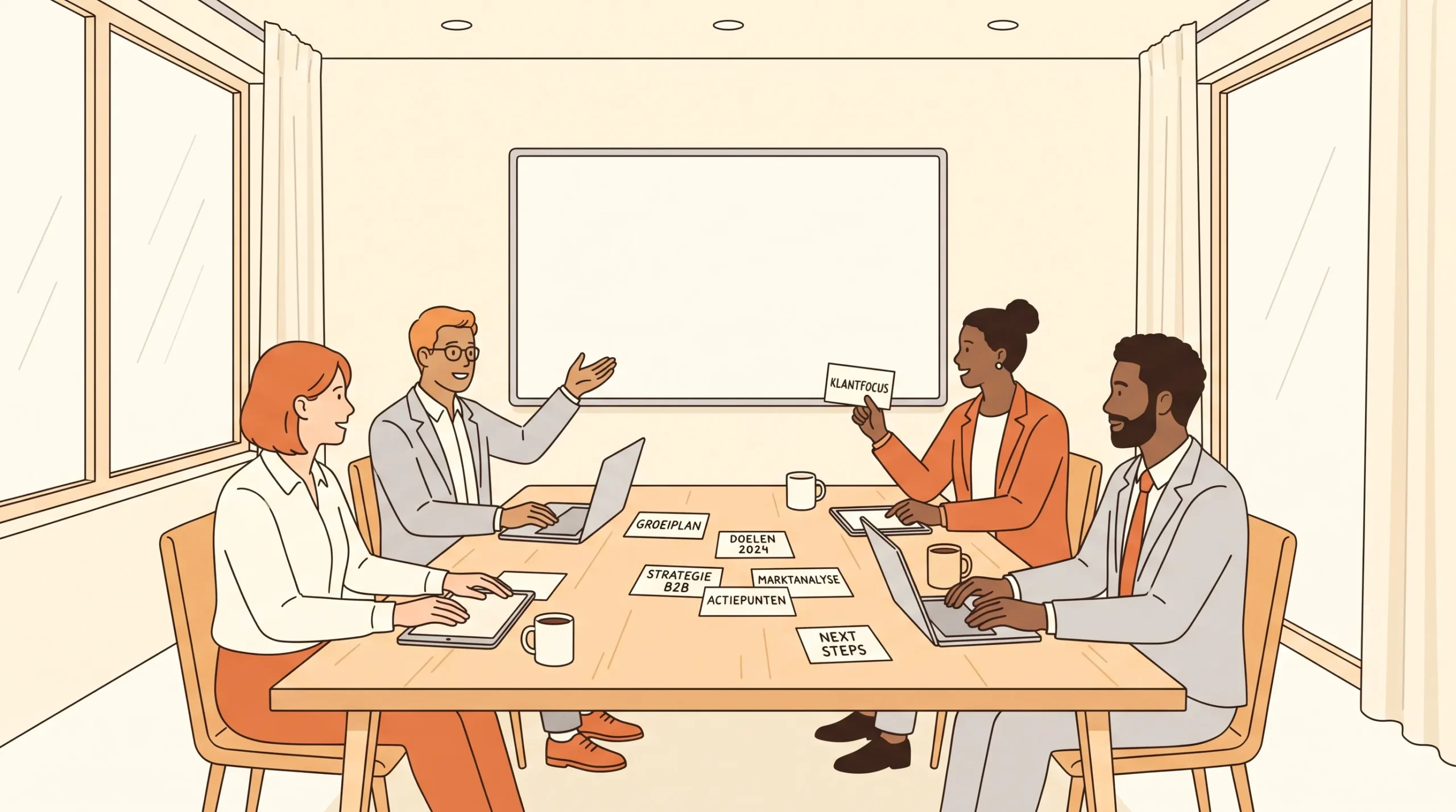 Een B2B-team bespreekt een groeiplan aan een vergadertafel met een leeg whiteboard en losse notitiekaarten.