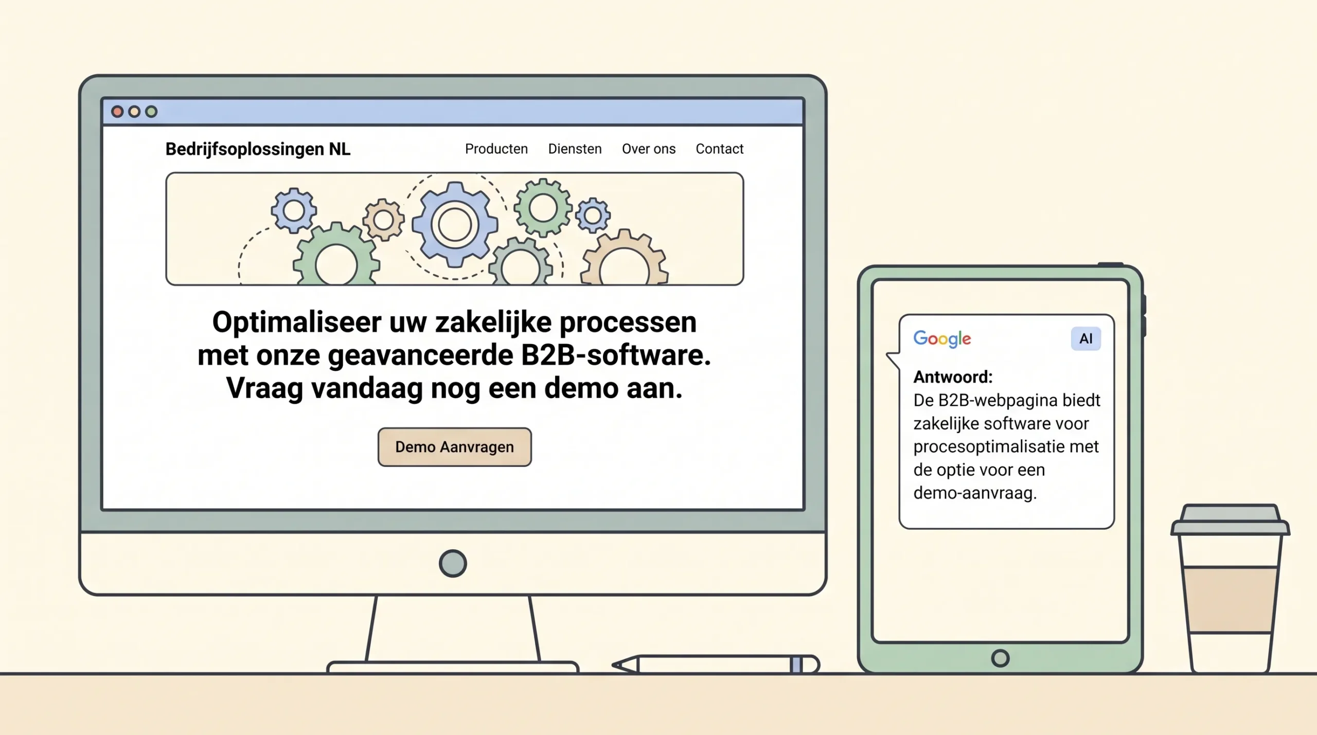 Een B2B-webpagina staat naast een AI-antwoordkaart met de korte labels Google en AI.