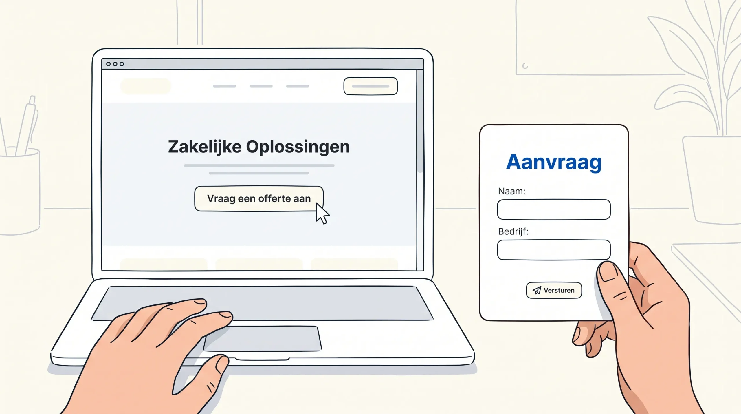 Een B2B-websitepagina naast een eenvoudige klantkaart met het label Aanvraag, als beeld bij bezoekers die doorstromen naar een vervolgstap.
