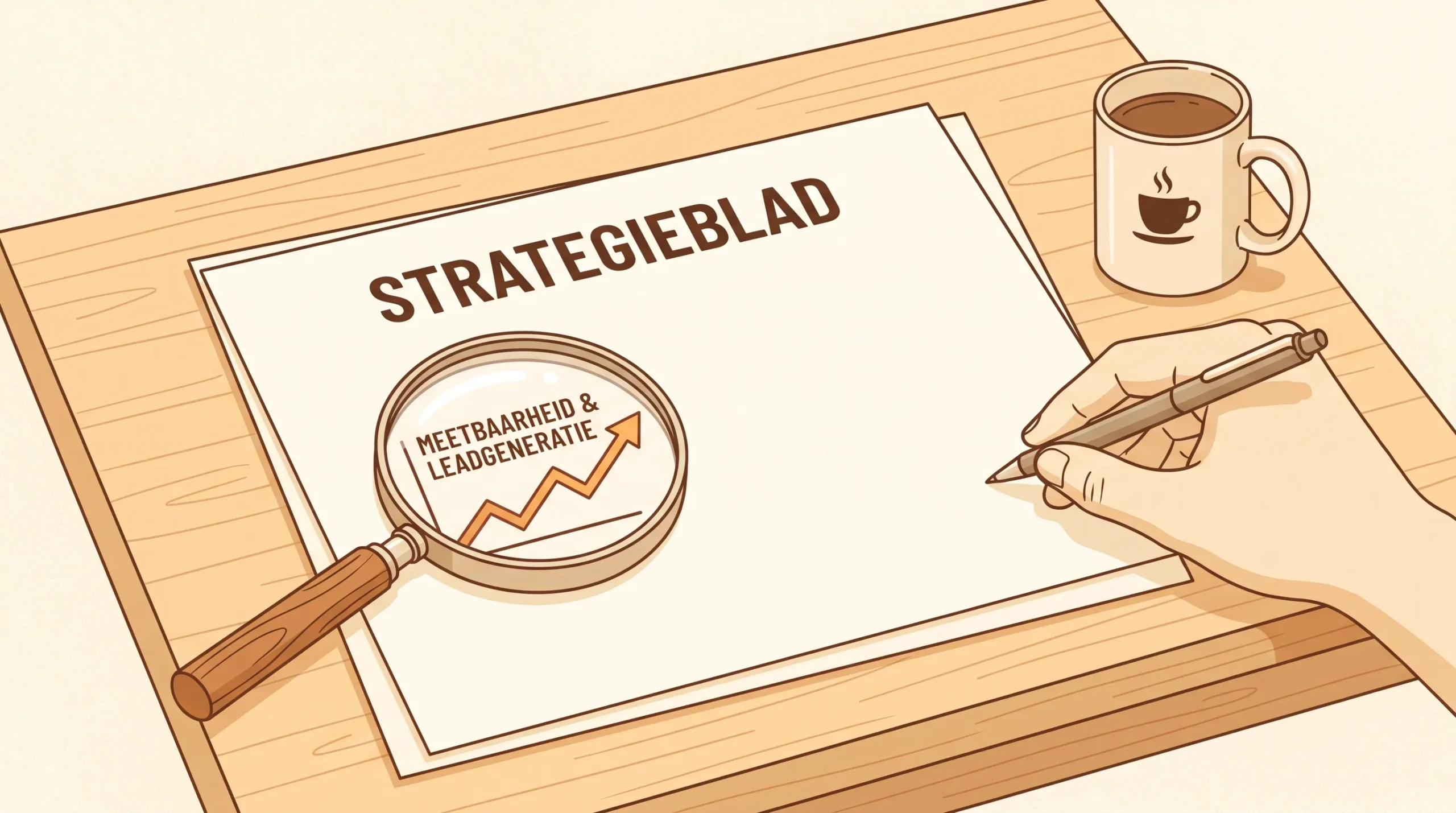Een bureau met een leeg strategieblad, een vergrootglas en een stijgende grafieklijn laat leadgeneratie en meetbaarheid zien.
