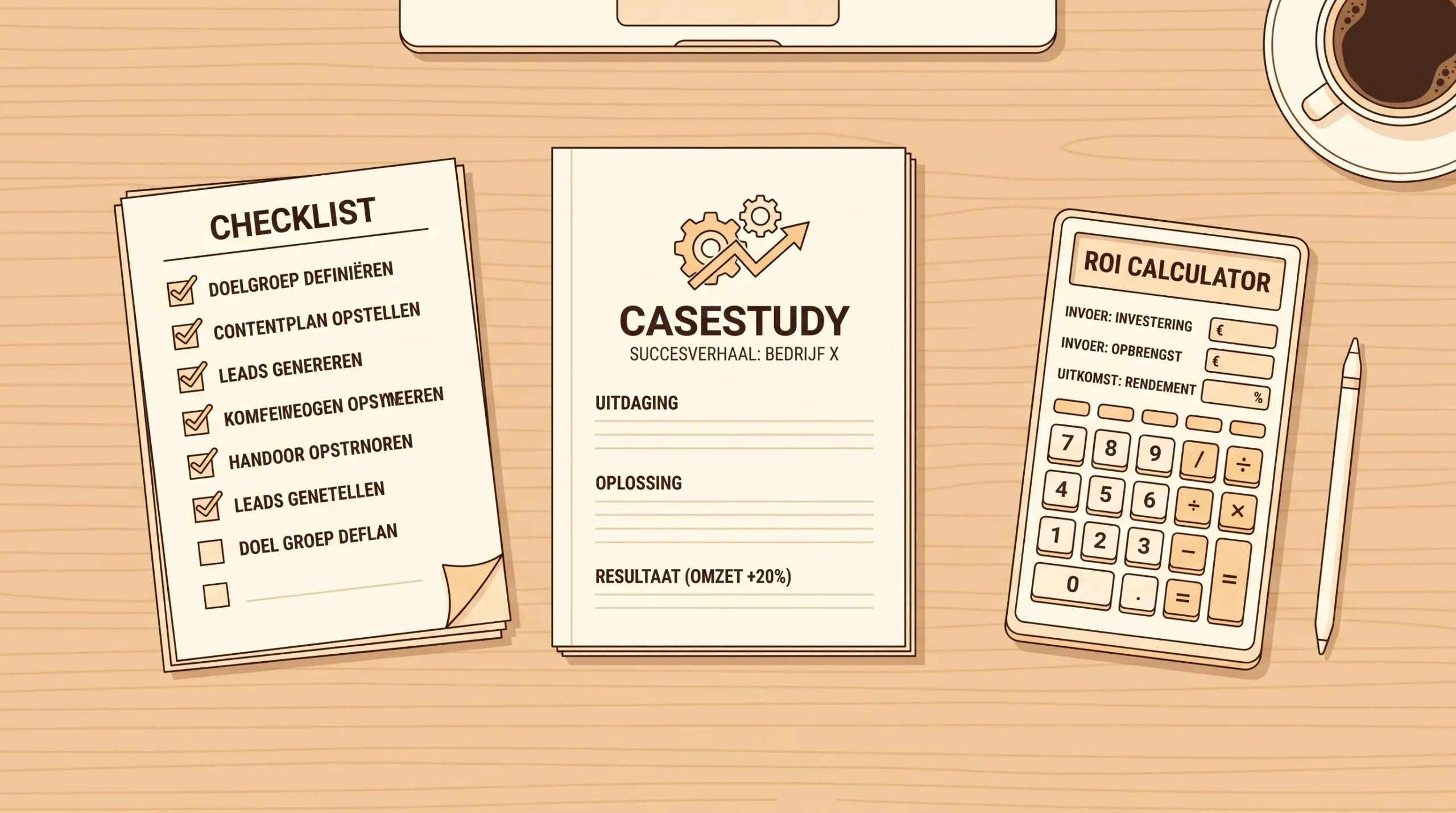 Een checklist, case study en calculator liggen naast elkaar op een bureau als contentvoorbeelden voor B2B.