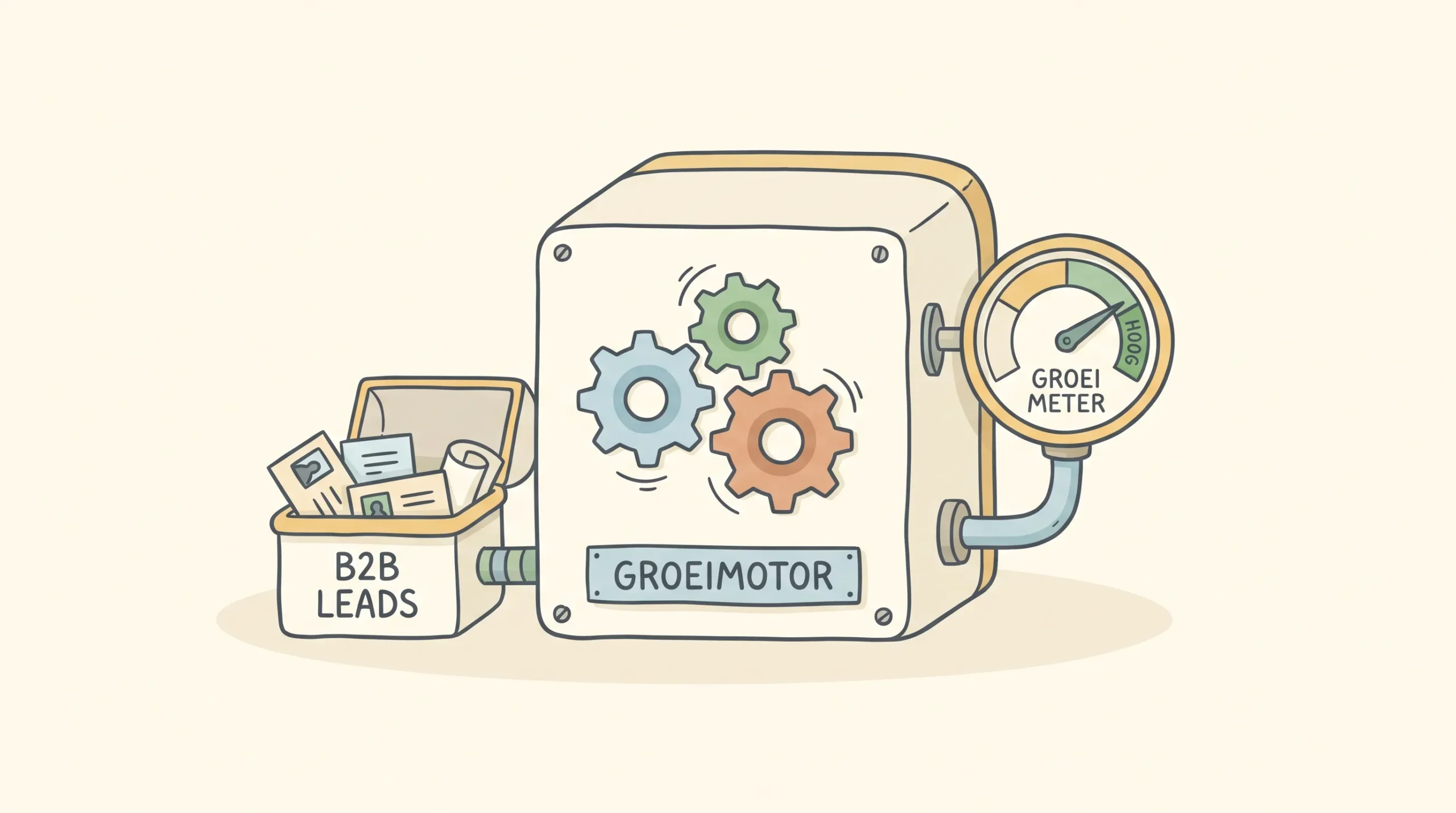 Een compacte groeimotor met drie tandwielen, een bakje met B2B-leads en een kleine meetmeter op een lichte achtergrond.