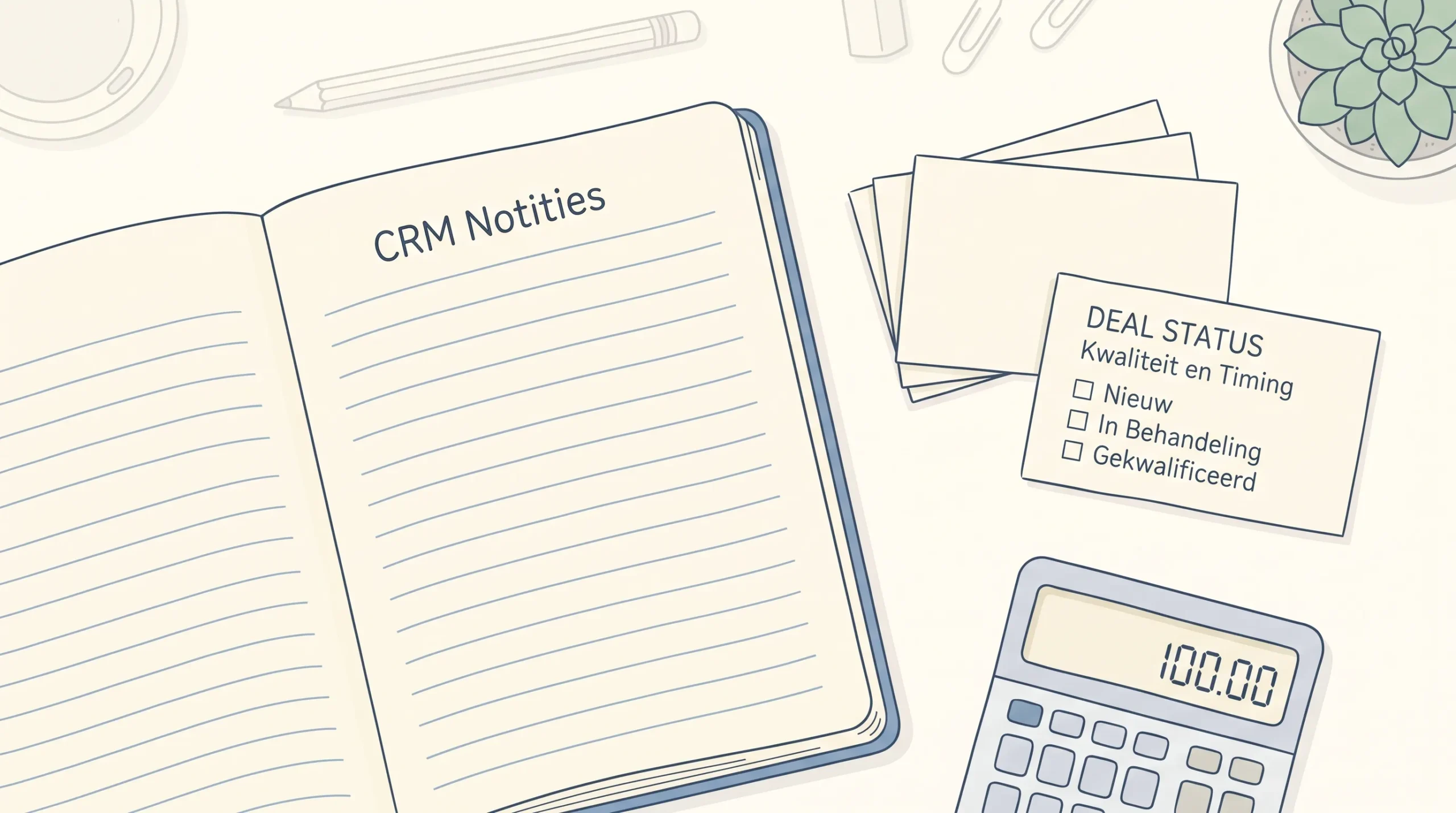 Een CRM-notitieboek, statuskaarten en een rekenmachine tonen de details achter een betrouwbare salesforecast.