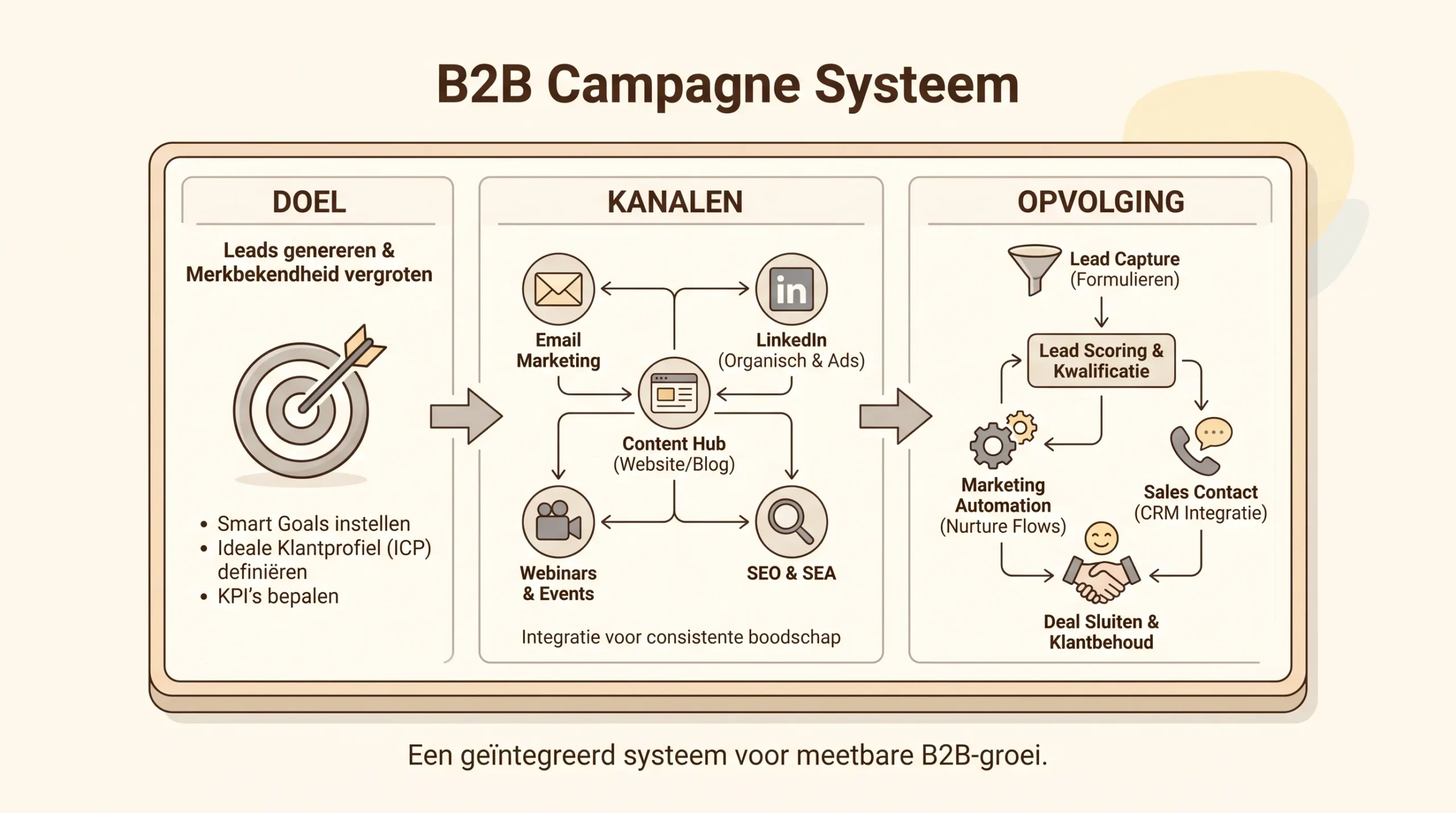 Een eenvoudig campagnebord met doel, kanalen en opvolging laat zien hoe een B2B-marketingcampagne als systeem werkt.