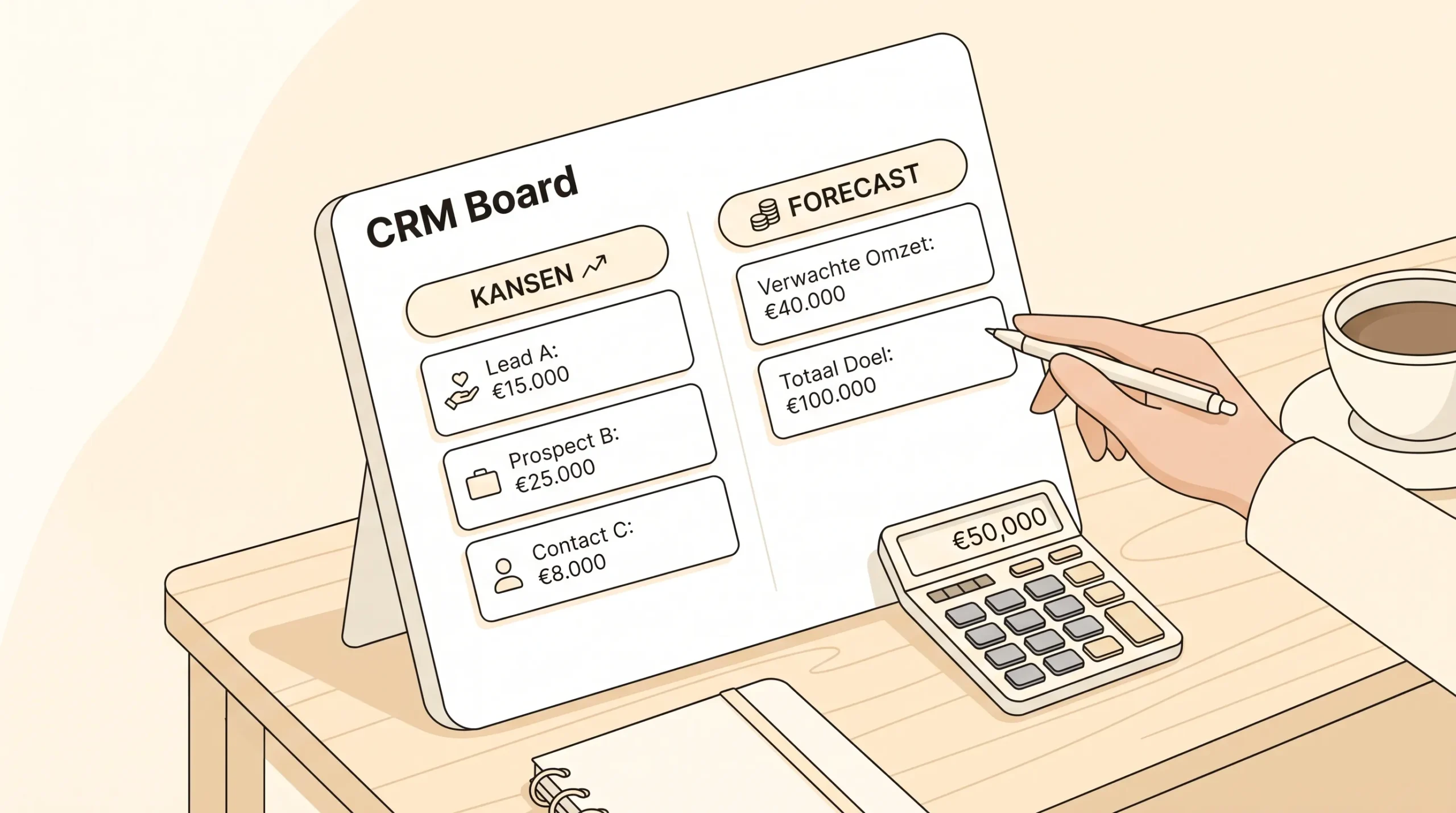Een eenvoudig CRM-bord met Kansen en Forecast naast een kleine rekenmachine laat de sales pijplijn zien.