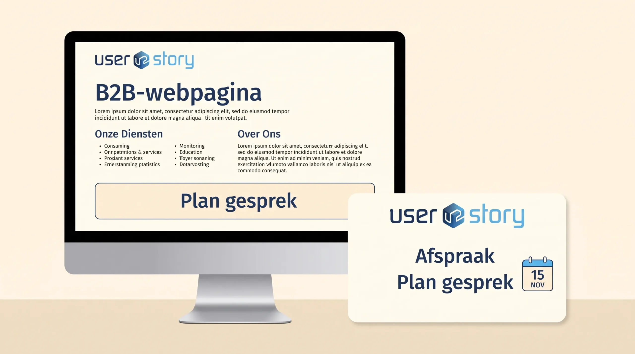 Een eenvoudige B2B-webpagina staat naast een afspraakkaart met de labels 'Plan gesprek' en 'Afspraak'.