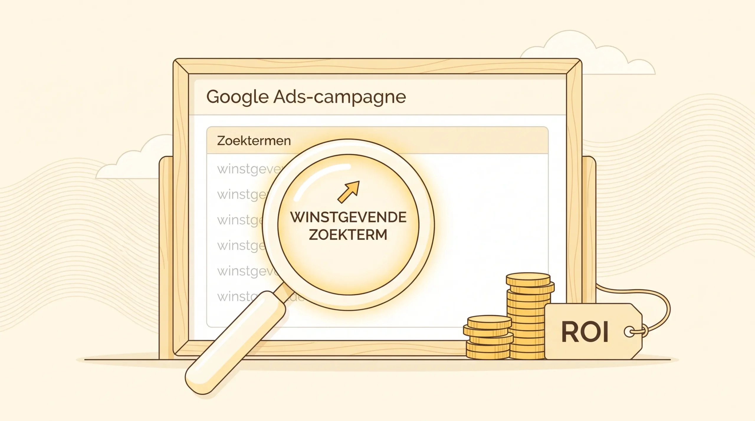 Een eenvoudige redactionele illustratie van een Google Ads-campagnebord met een kleine muntstapel en een kaartje met het label ROI, terwijl een vergrootglas één winstgevende zoekterm uitlicht. Lichte, rustige achtergrond.