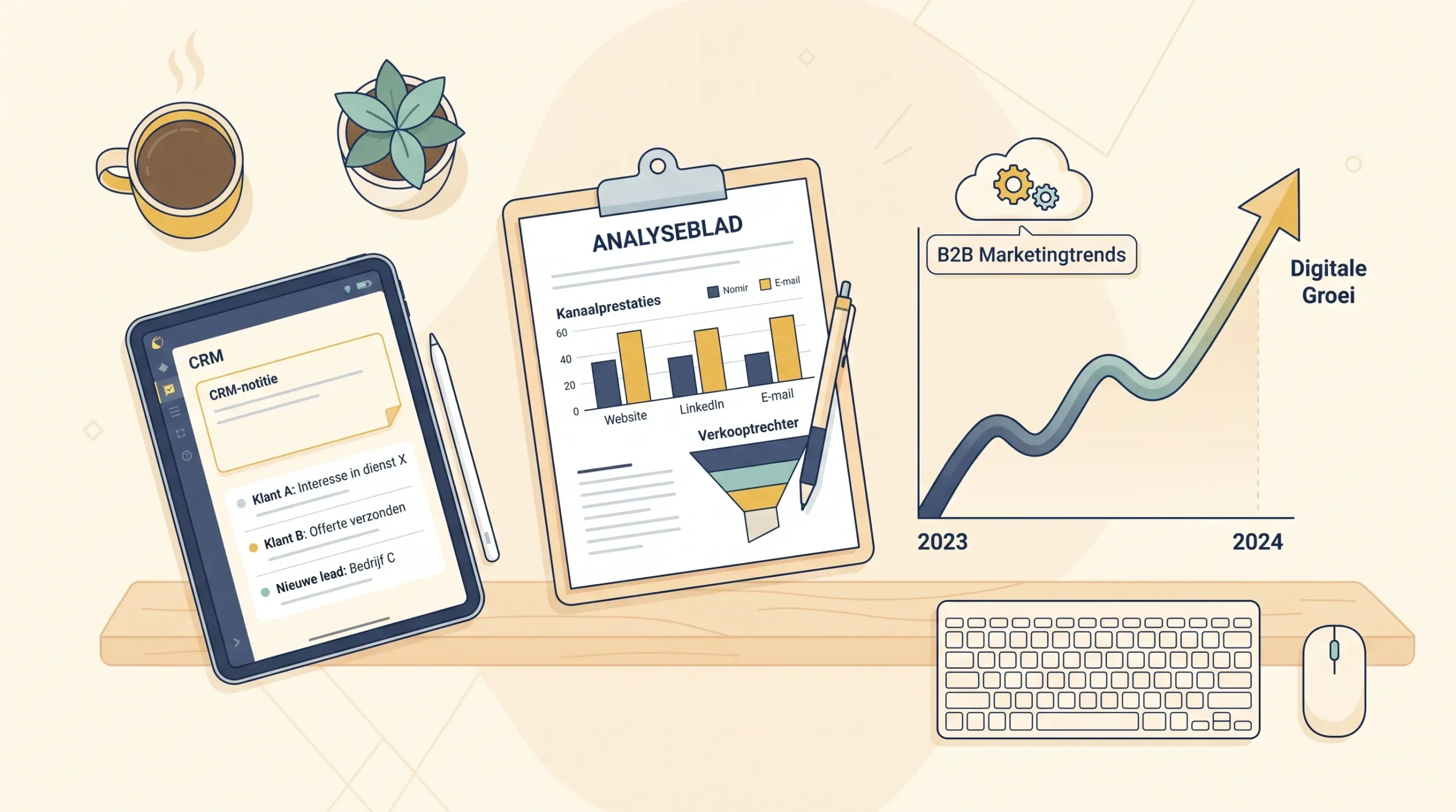 Een eenvoudige werktafel met een CRM-notitie, een analyseblad en een groeiende lijn, als beeld bij digitale marketingtrends in B2B.