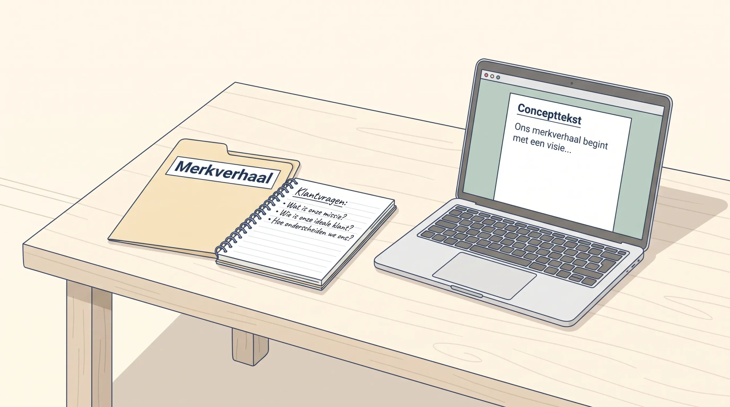 Een eenvoudige werktafel met een map met het label “Merkverhaal”, een notitieblok met klantvragen en een laptop waarop een concepttekst staat.
