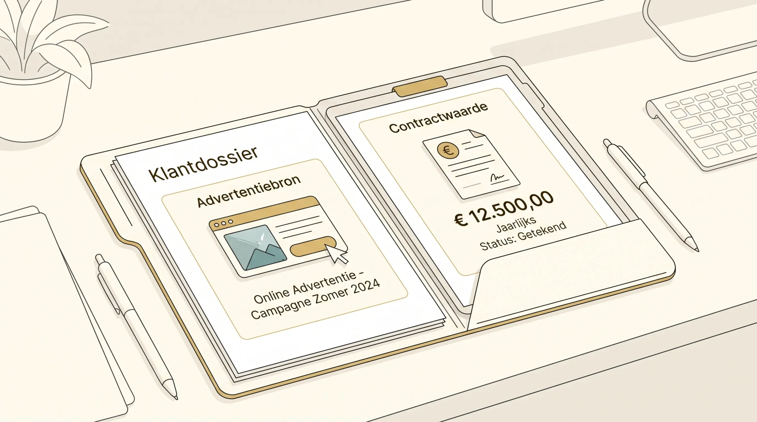 Een geopend klantdossier met een advertentiebron en een contractwaarde naast elkaar.