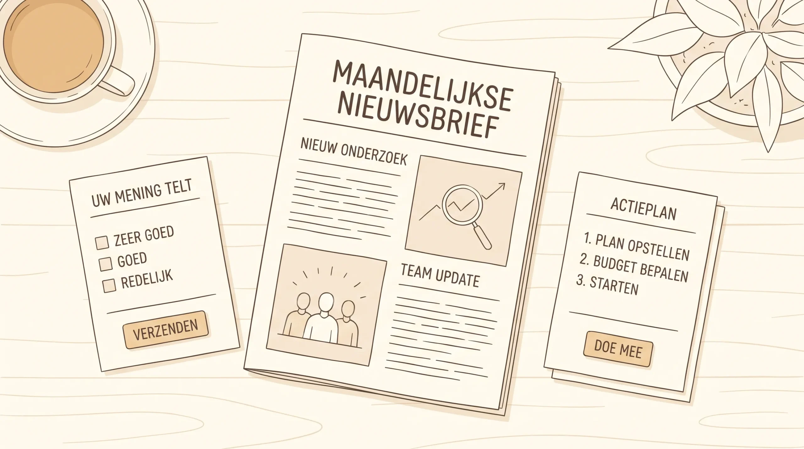 Een geopende nieuwsbrief naast een reactiekaart en een actiekaart op een bureau.