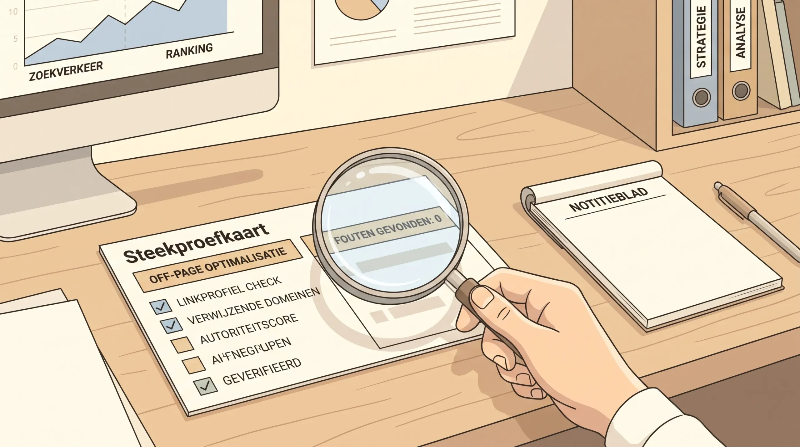 Een hand controleert een steekproefkaart met een vergrootglas naast een leeg notitieblad bij off page optimalisatie.
