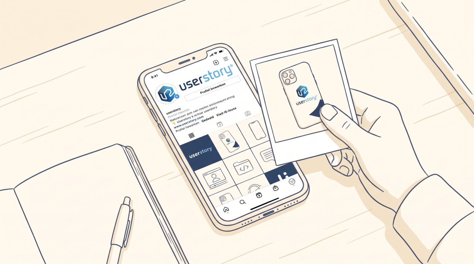 Een hand houdt een kaart met een Instagram-profiel terwijl een telefoon een userstory-pagina toont op een bureau met notitieboek en pen.