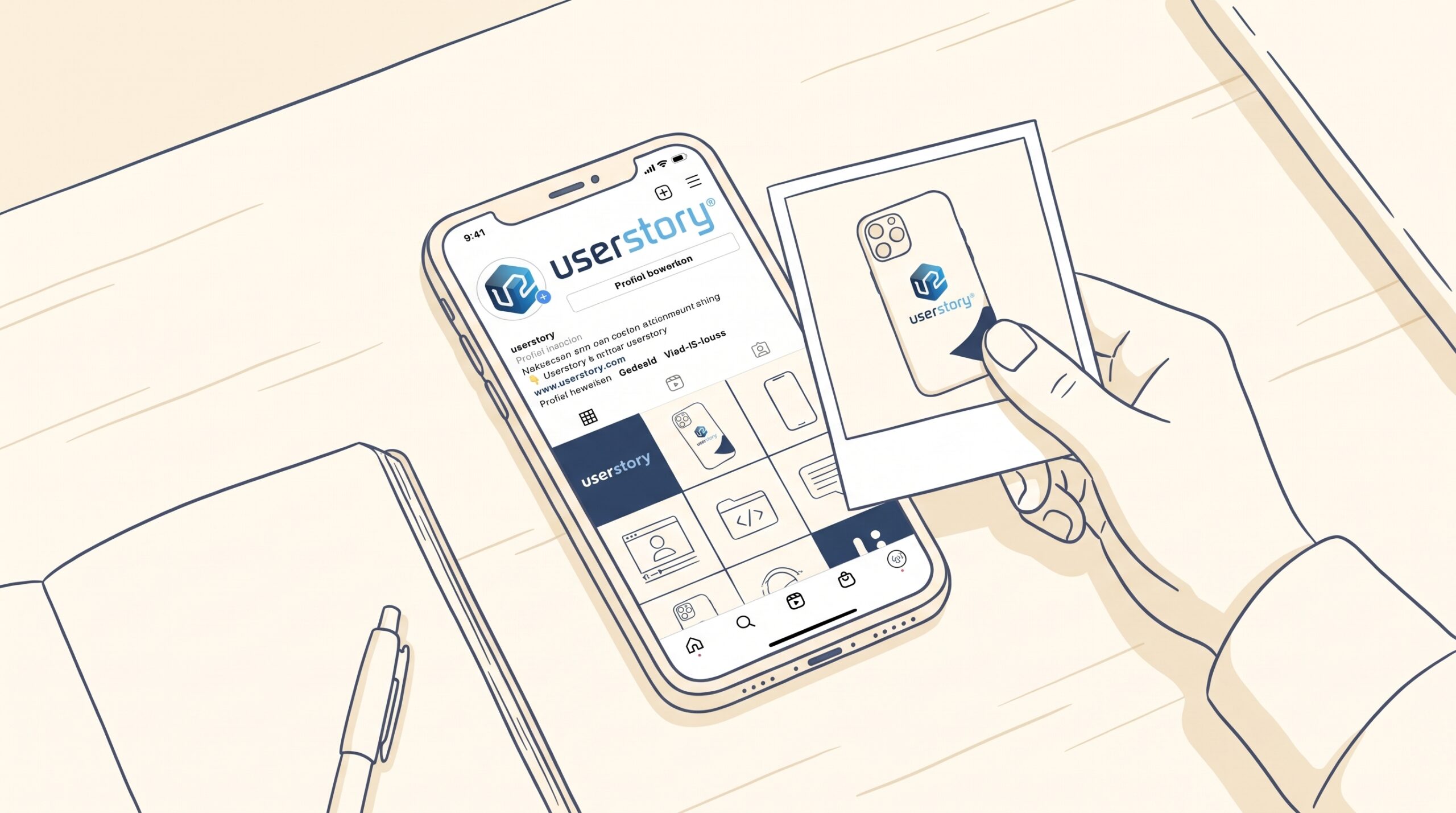 Een hand houdt een kaart met een Instagram-profiel terwijl een telefoon een userstory-pagina toont op een bureau met notitieboek en pen.