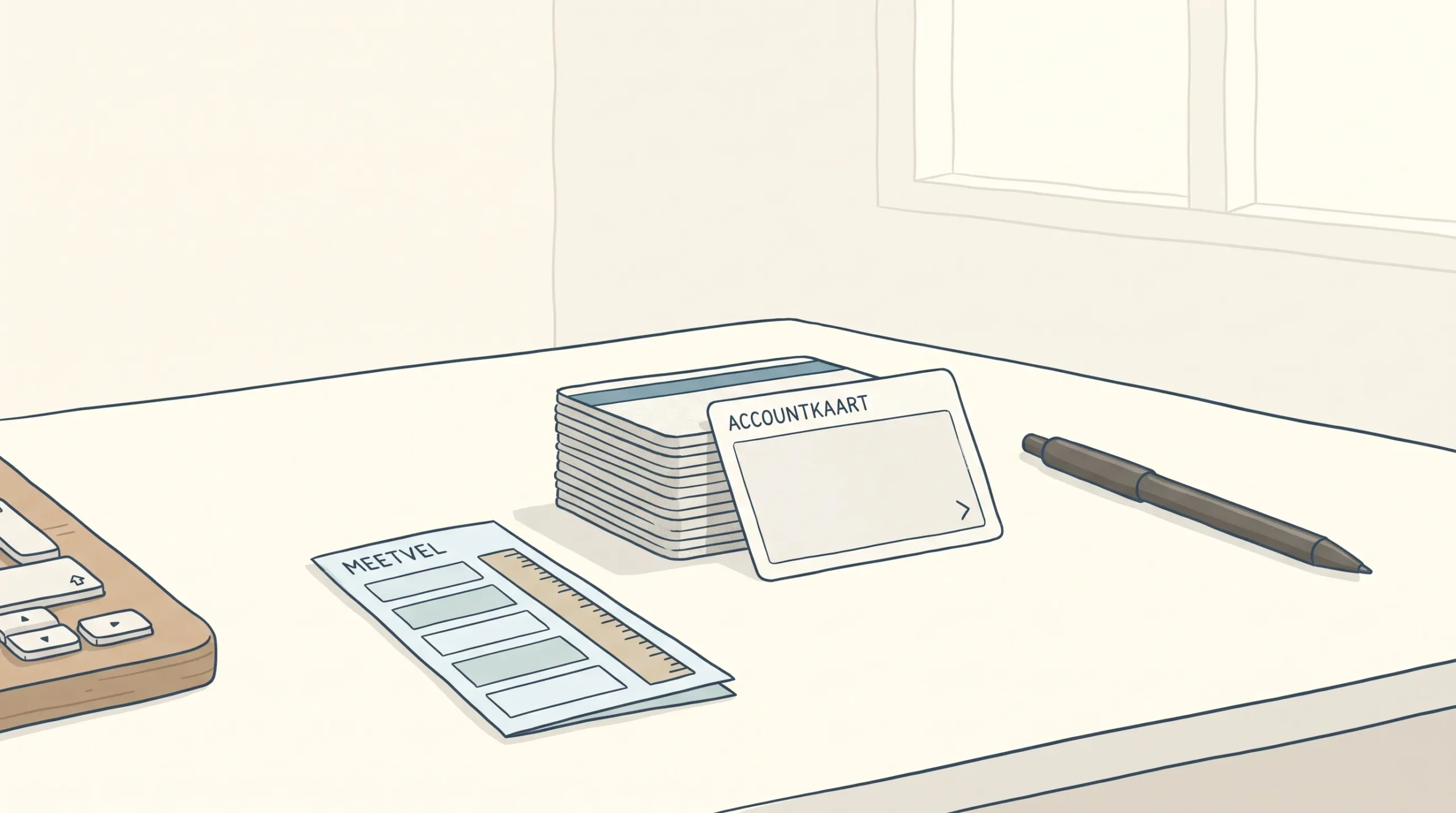 Een kleine stapel accountkaarten met één gekozen kaart laat het verschil tussen losse acties en selectie zien.