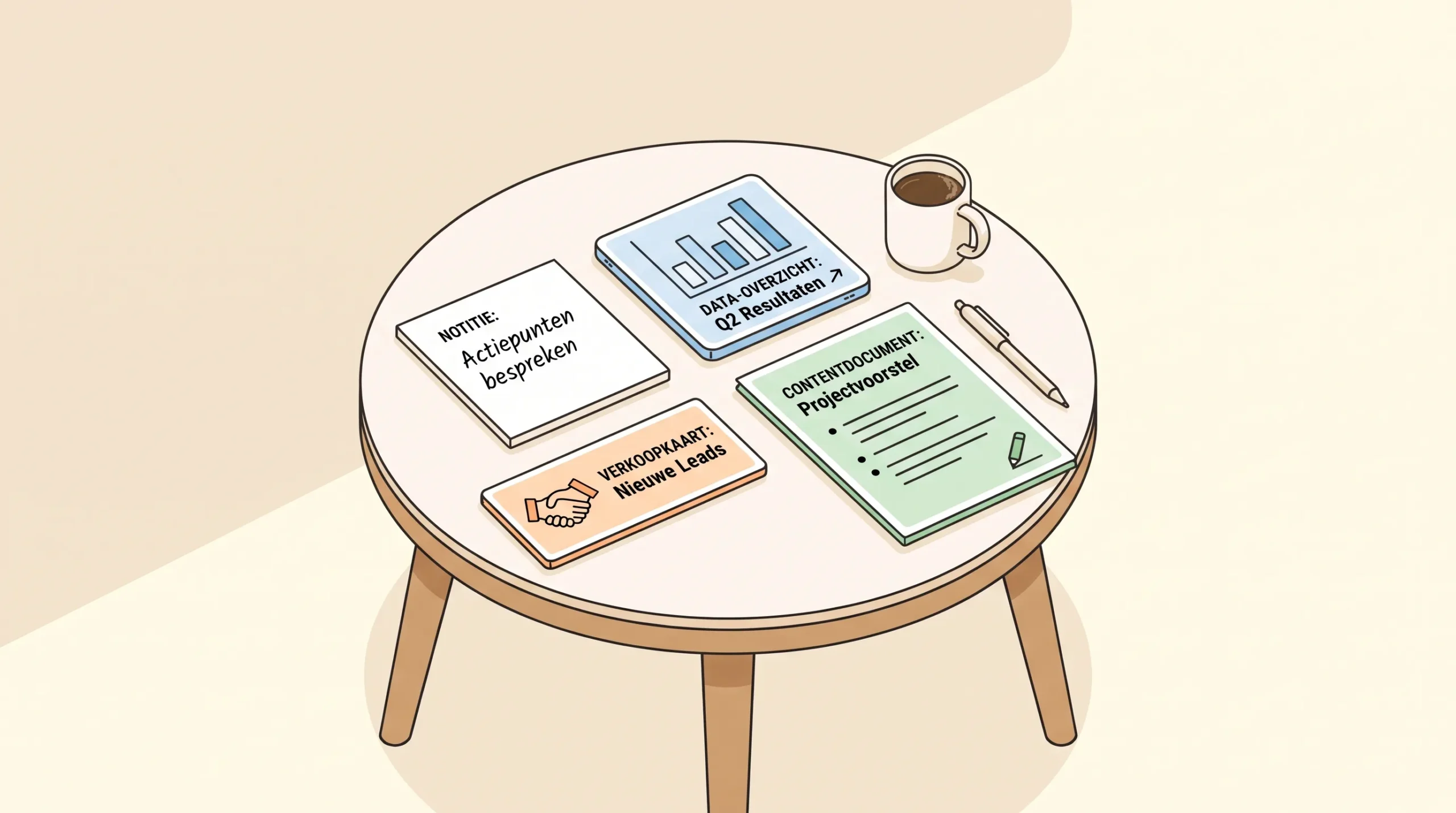 Een kleine vergadertafel met een notitiekaart, een datategel, een saleskaart en een contentdocument.