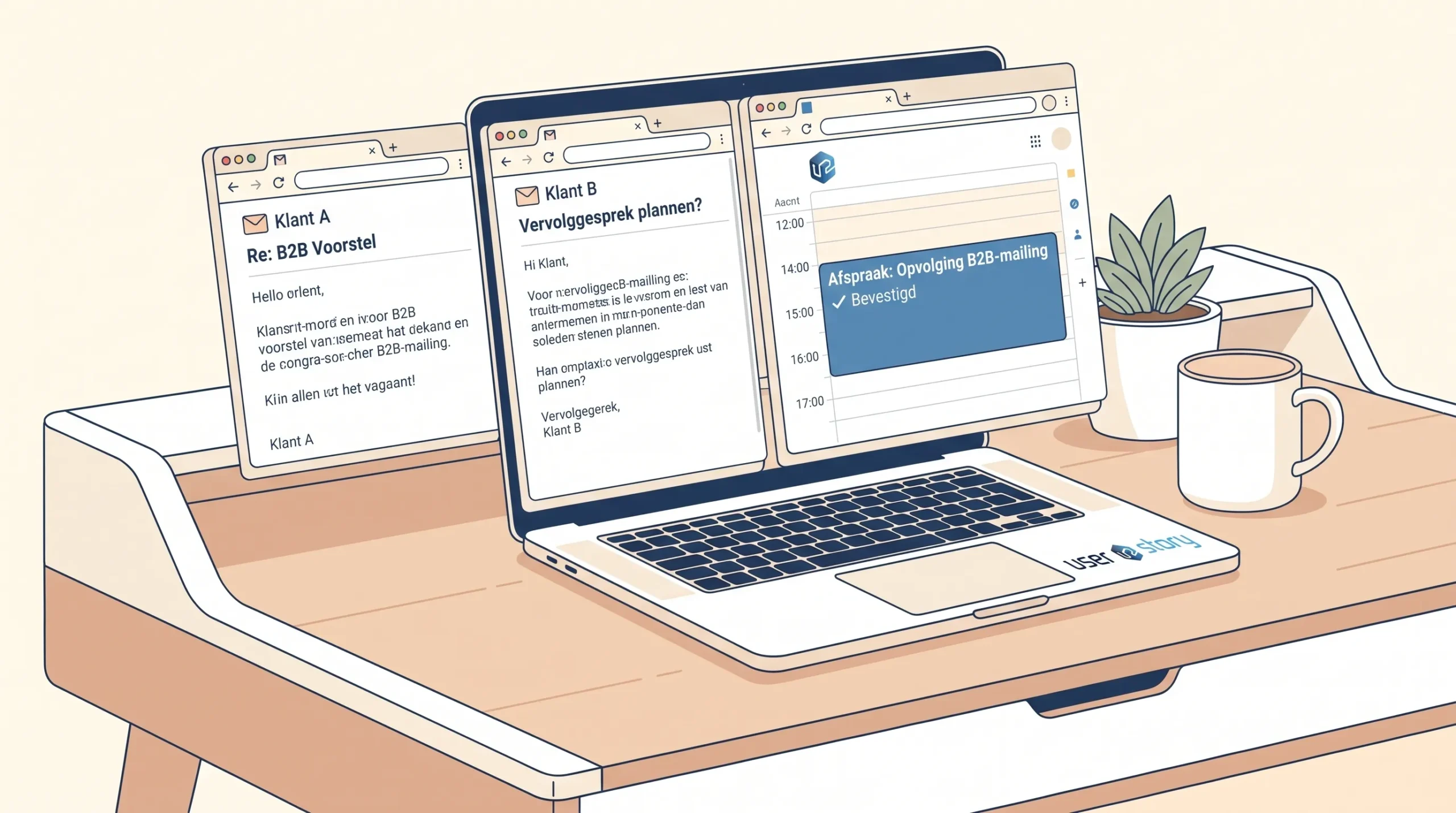 Een laptop met drie geopende e-mails en een agenda-afspraak met het label Afspraak laat de opvolging van een B2B-mailing zien.