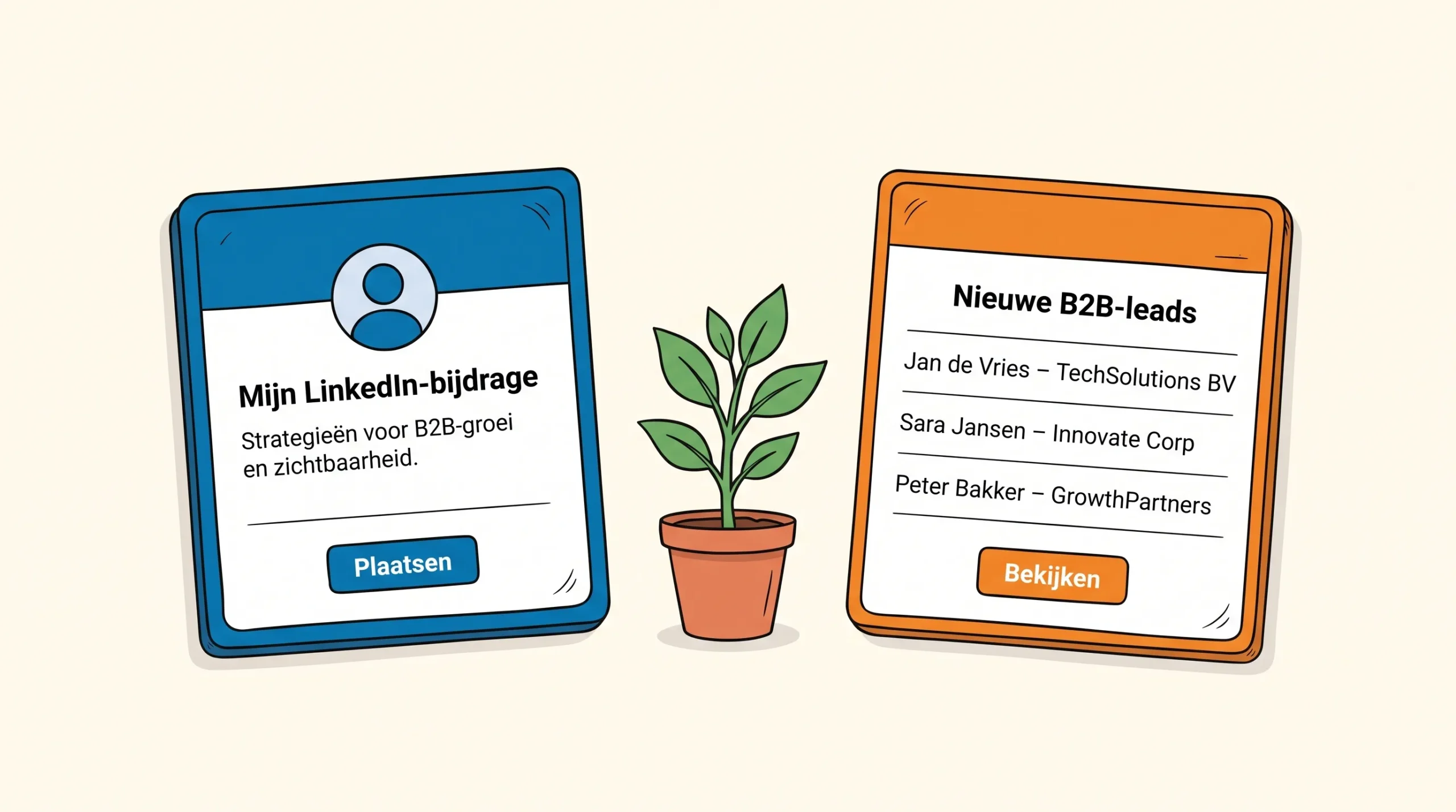 Een LinkedIn-contentkaart staat naast een leadskaart met een kleine plant ertussen als symbool voor B2B-groei.