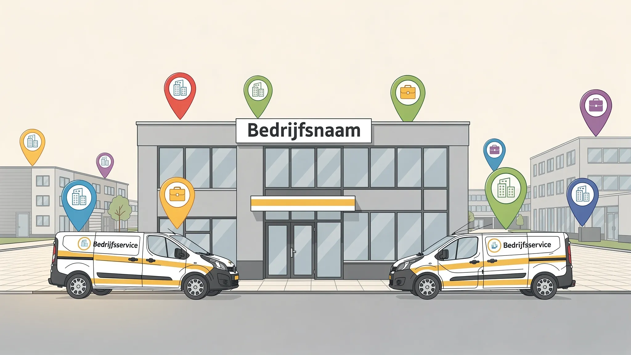 Een lokaal B2B-bedrijfspand met bedrijfswagens voor de deur, duidelijke gevelreclame en kaartpinnen die lokale vindbaarheid symboliseren.