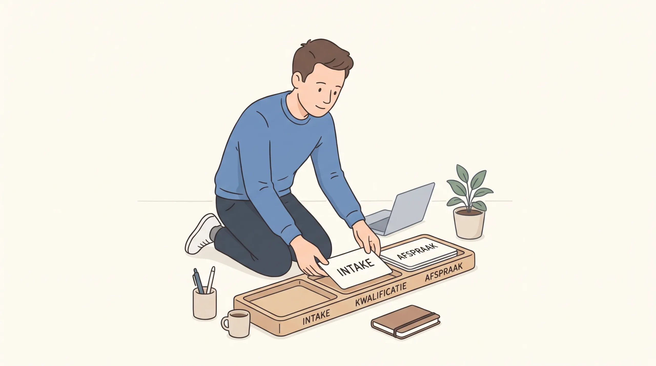 Een man in een blauwe trui rangschikt leadkaarten van intake naar kwalificatie en afspraak in één eenvoudige workflow.