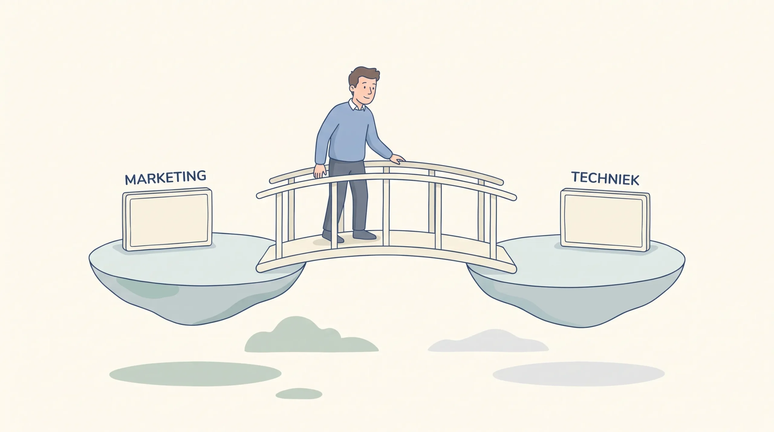 Een man in een blauwe trui staat bij een brug die marketing en techniek met elkaar verbindt.