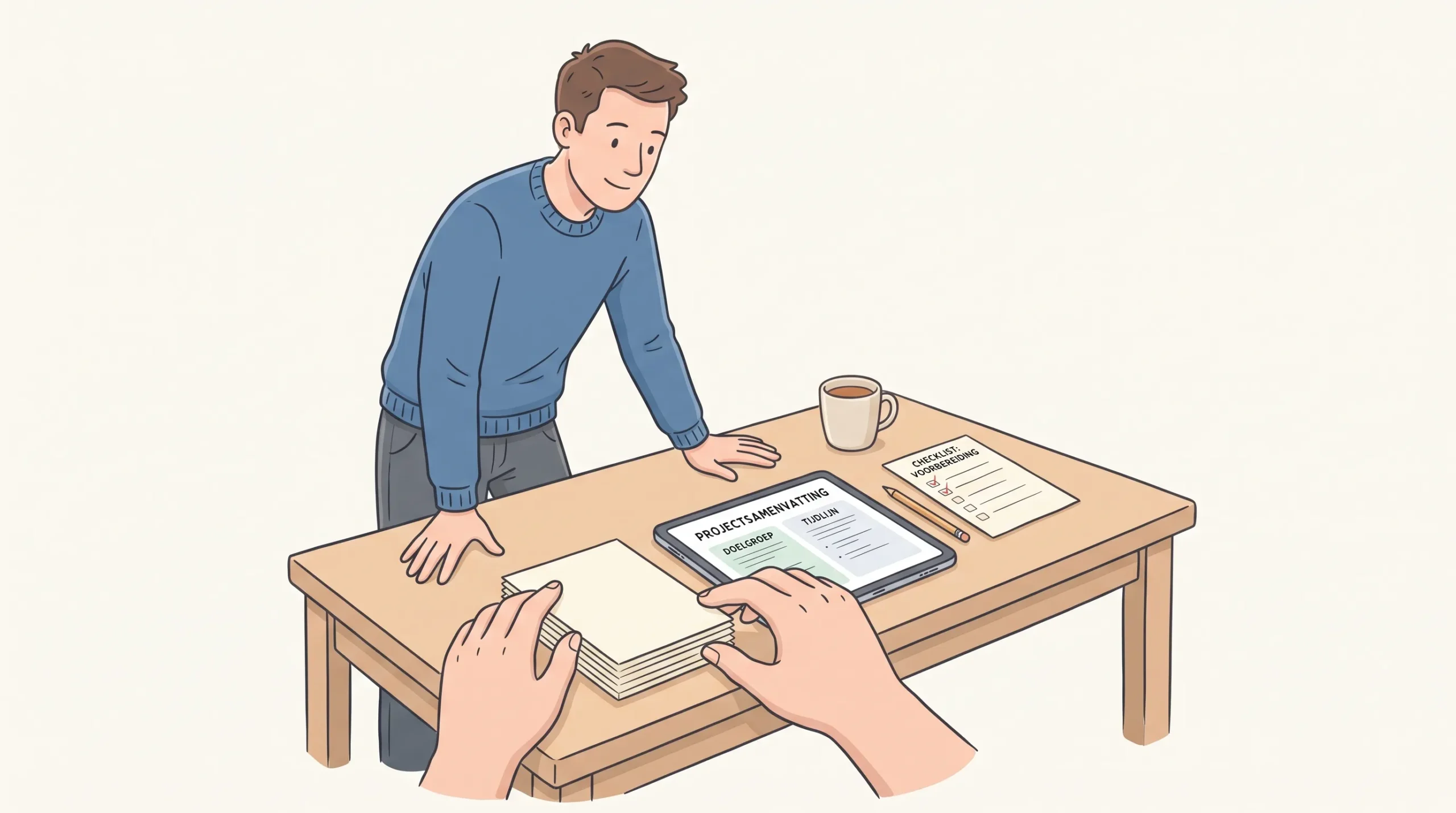Een man in een blauwe trui werkt aan bouwmarketingmateriaal aan een tafel met casecards, een checklist en een tablet.