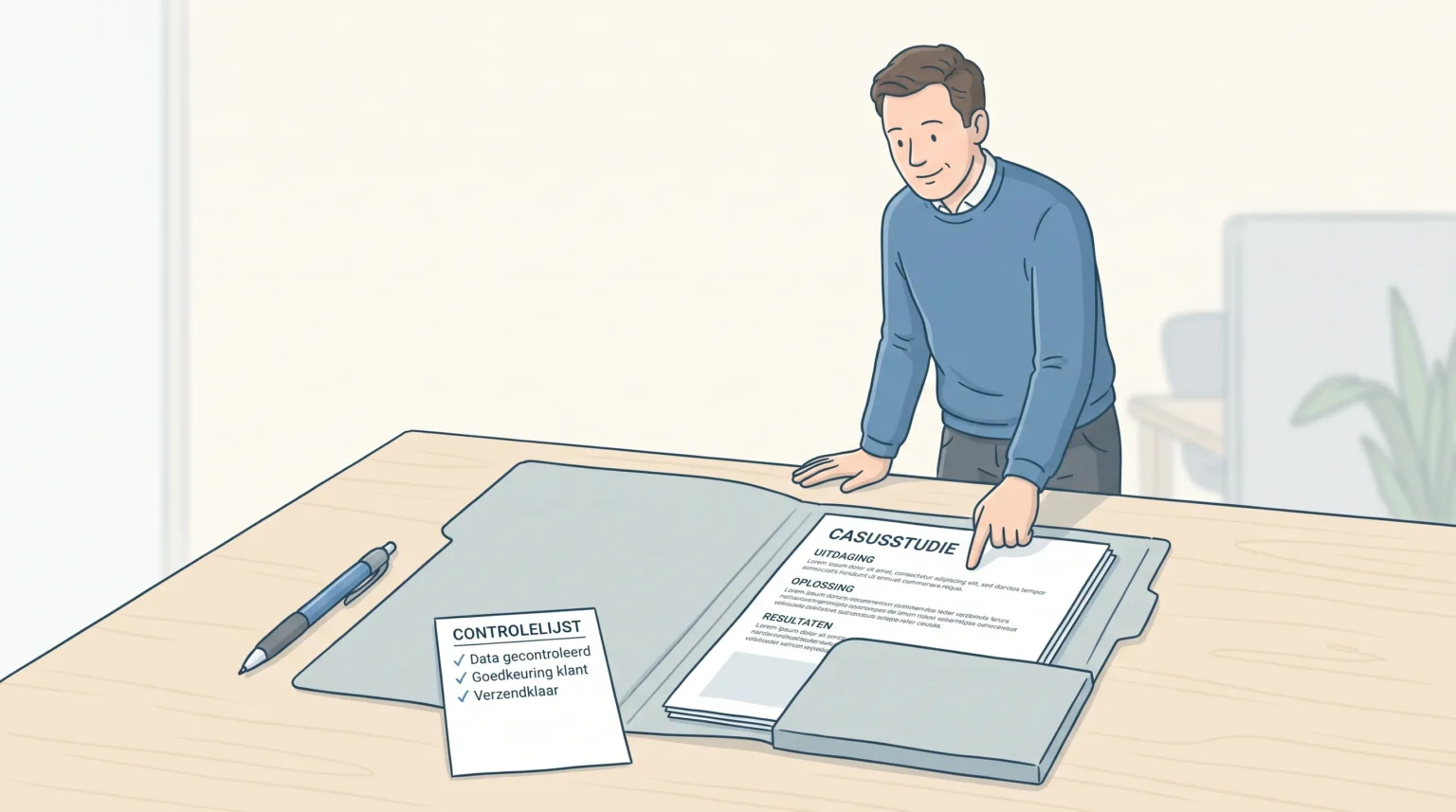 Een man in een blauwe trui wijst naar een open case study-map als bewijs voor B2B-leads.