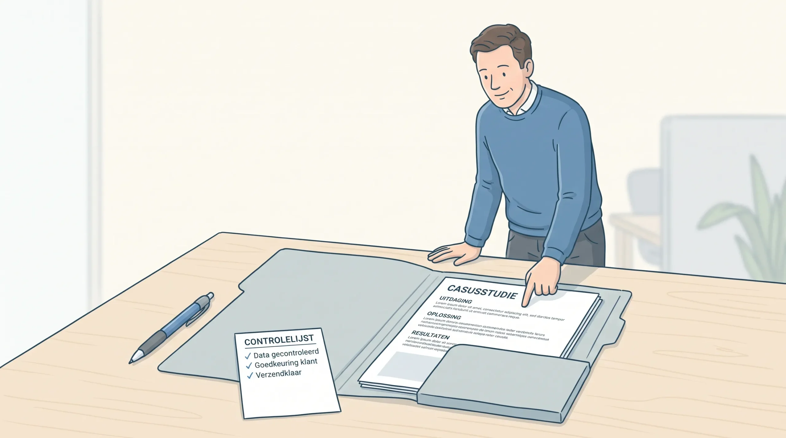 Een man in een blauwe trui wijst naar een open case study-map als bewijs voor B2B-leads.