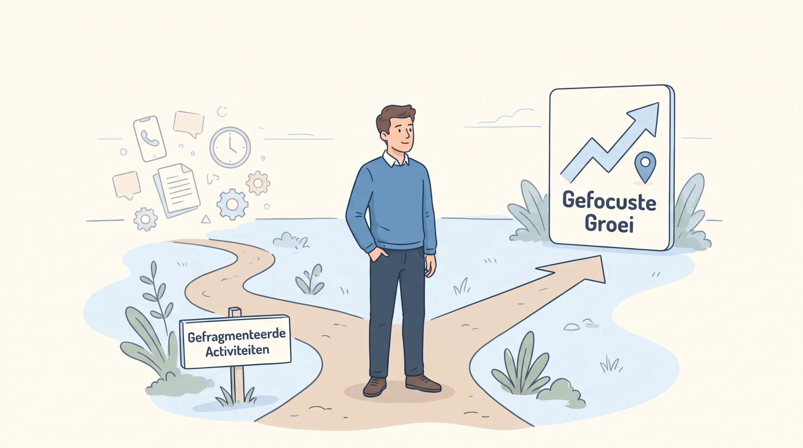 Een man staat bij een tweesprong tussen losse marketingacties en een voorspelbare groeiroute.