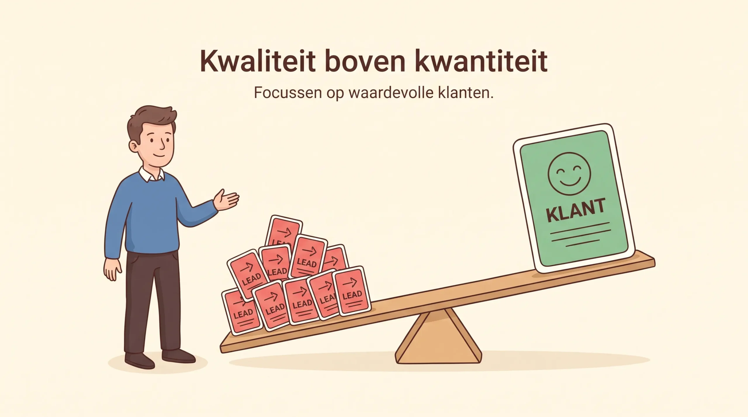 Een man zet veel kleine leads af tegen één sterke klant op een eenvoudige balans.