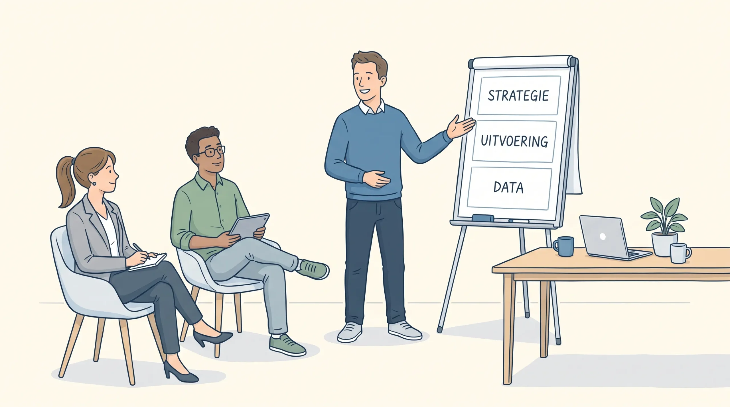 Een marketeer bespreekt strategie, uitvoering en data met twee collega’s in een klein B2B-team.